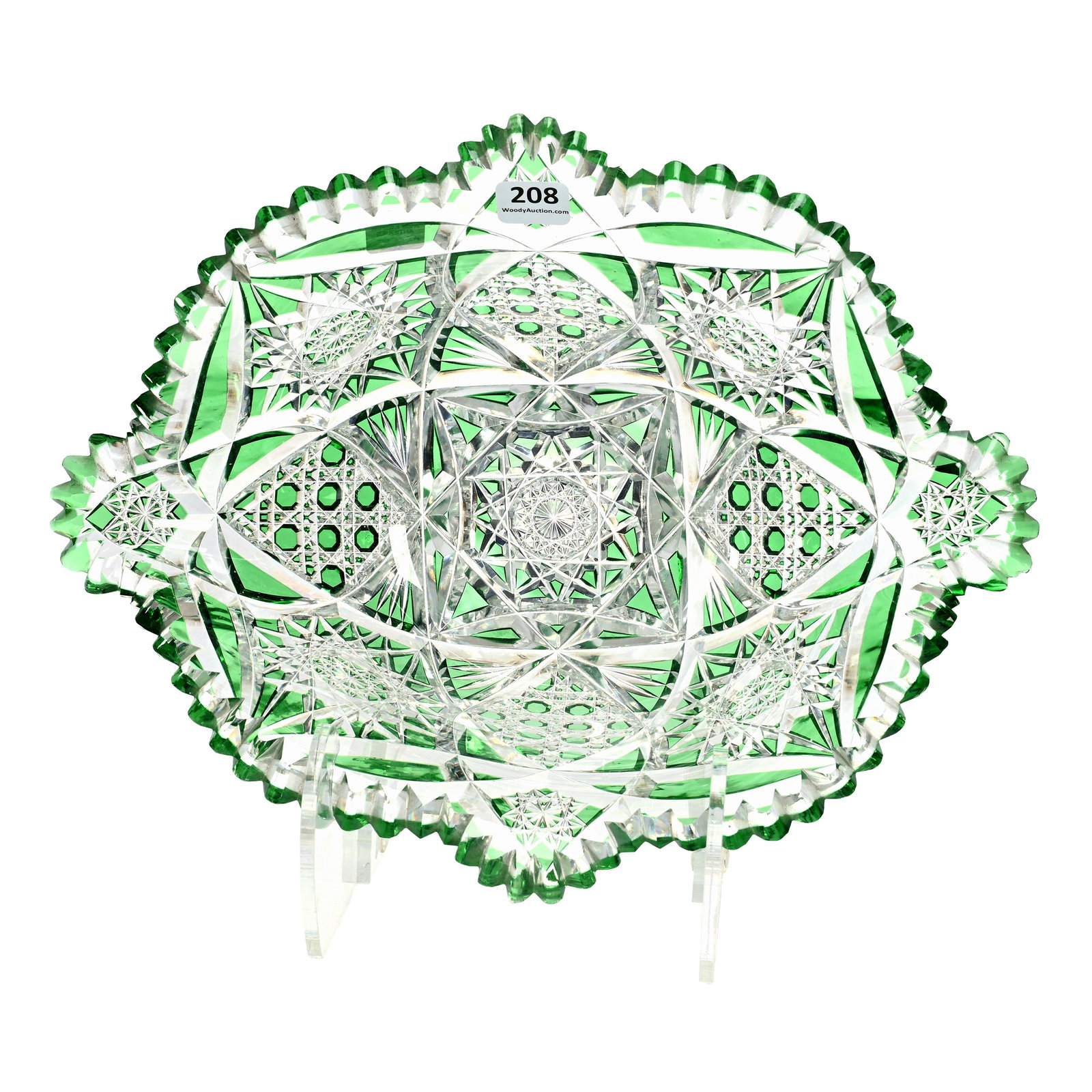 Napoleon Hat Bowl, ABCG, Green Cut To Clear: Napoleon Hat Bowl, American Brilliant Cut Glass, Green Cut To Clear, 4.5" x 12.25" x 9.25", Hobstar, Vesica, Cane And Fan Motif, Thick Blank, One Tooth Has Sliver Chip, The Ruth & Charles Kwartler Col