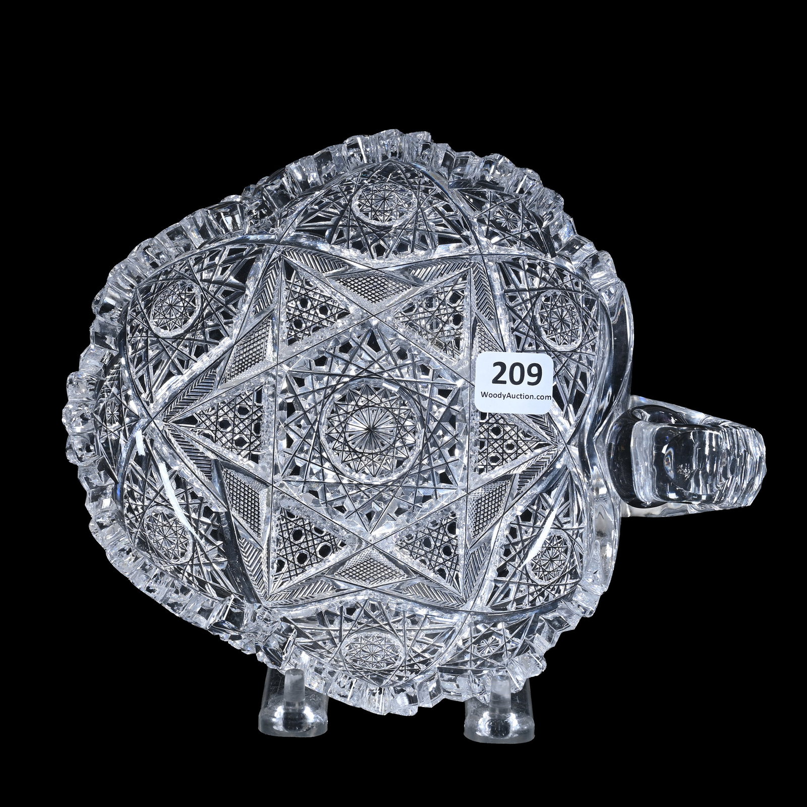 Handled Nappy, American Brilliant Cut Glass: Handled Nappy, American Brilliant Cut Glass, 2.25" x 7.75" x 6.25", Hobstar, Strawberry Diamond And Cane Motif, Attributed To Elmira, The Larry & Sandy Smith Collection.