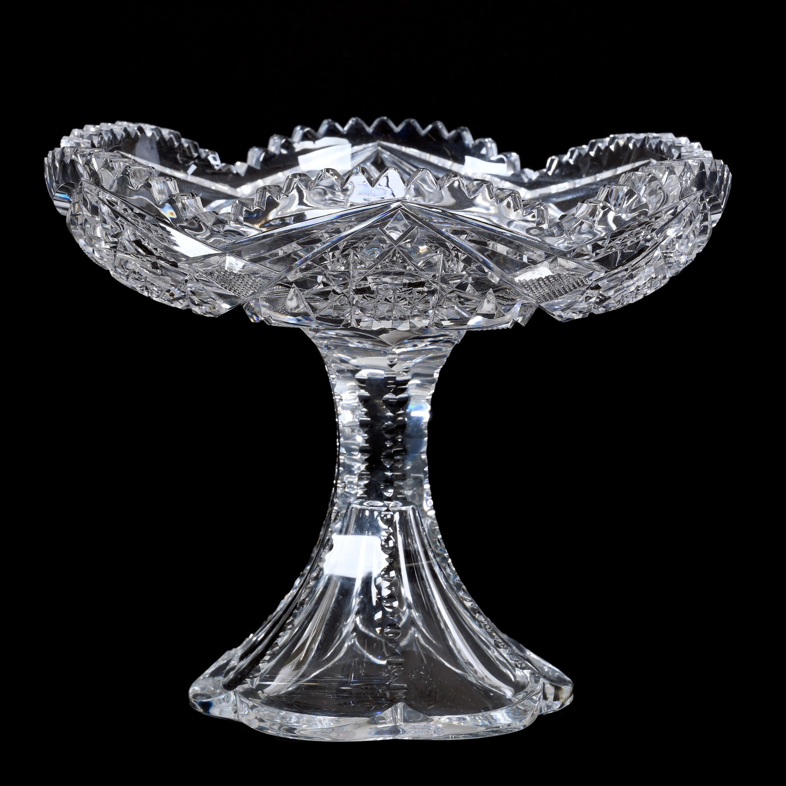 Compote, American Brilliant Cut Glass, Signed Fry: Compote, American Brilliant Cut Glass, Signed Fry, 6.75" x 8", Hobstar And Strawberry Diamond Motif, Petticoat Notched And Scalloped Foot, Clear Blank, The Teddie And The Late Warren Biden Collection.