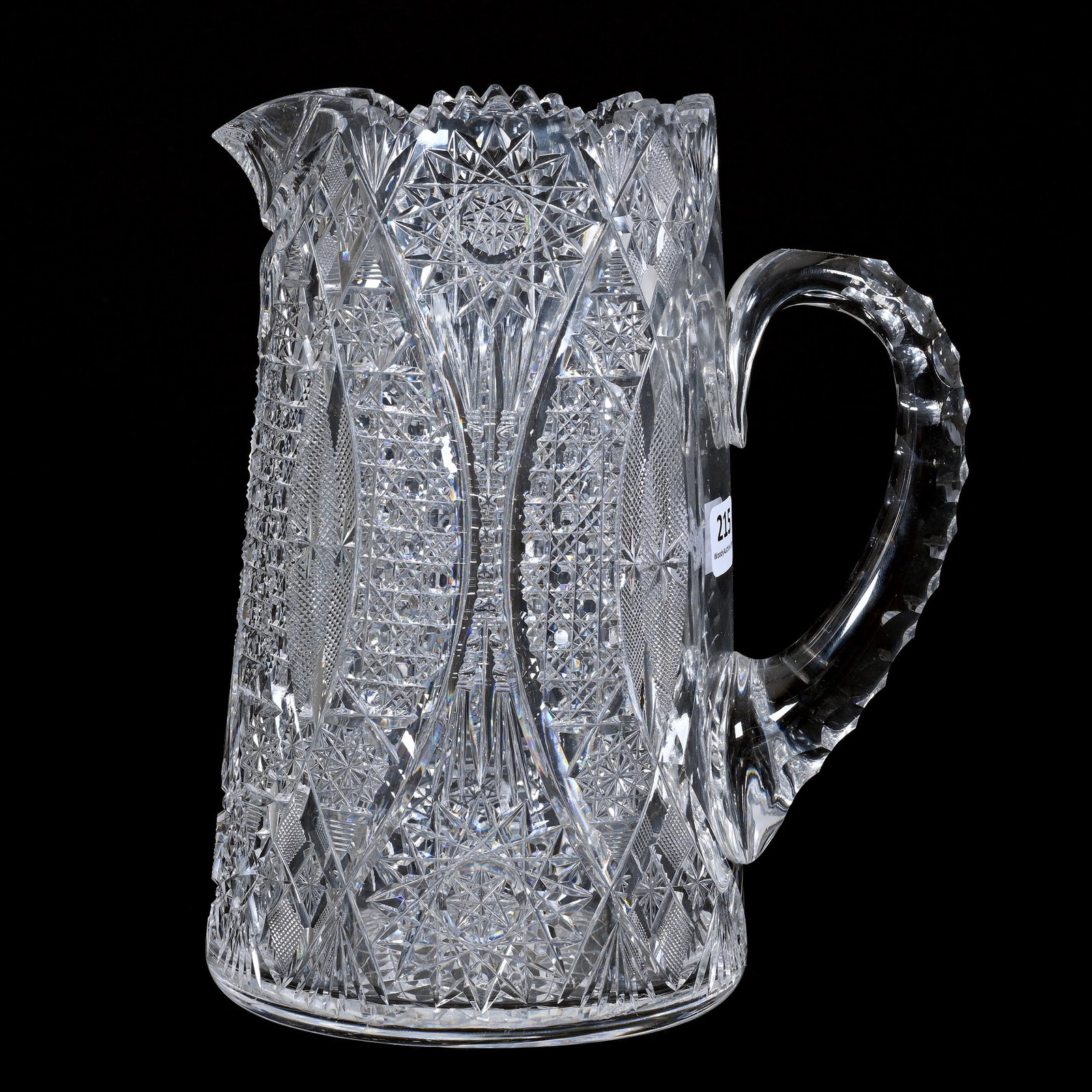 Pitcher, American Brilliant Cut Glass: Pitcher, American Brilliant Cut Glass, 9" x 7.25", Vesica, Hobstar, Cane, Strawberry Diamond, Star And Fan Motif, Triple Notched Handle, Hobstar Base, Missouri Private Collection.