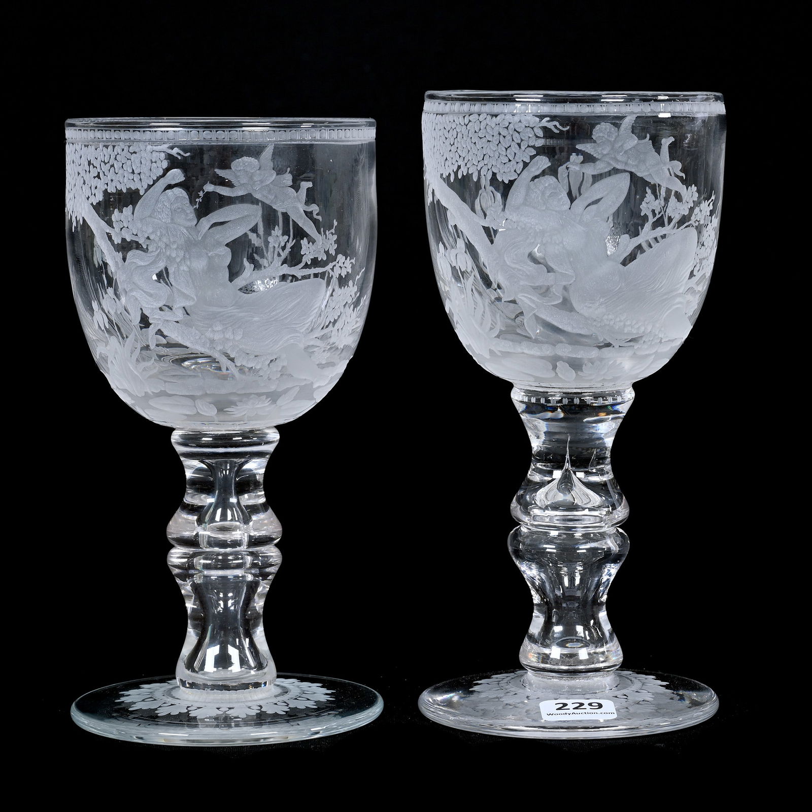 Pair Goblets, Cut Glass, Engraved, Artist Signed (1 of 5)