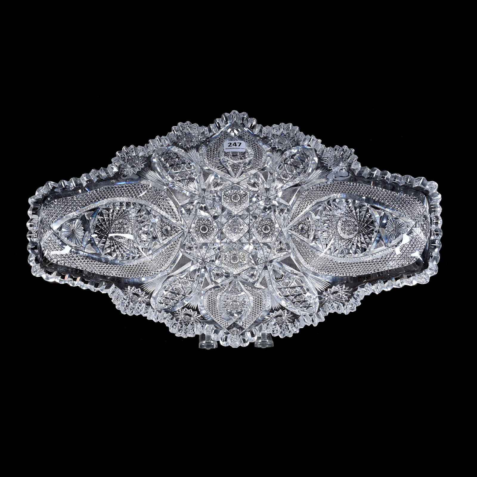 Ice Cream Tray, Fish Tail, ABCG: Ice Cream Tray, Fish Tail, American Brilliant Cut Glass, 16.5" x 9.5", Exceptionally Well Cut Hobstar, Vesica, Nailhead Diamond, Strawberry Diamond And Fan Motif, Tooth Chip, One Polished Tooth, Misso