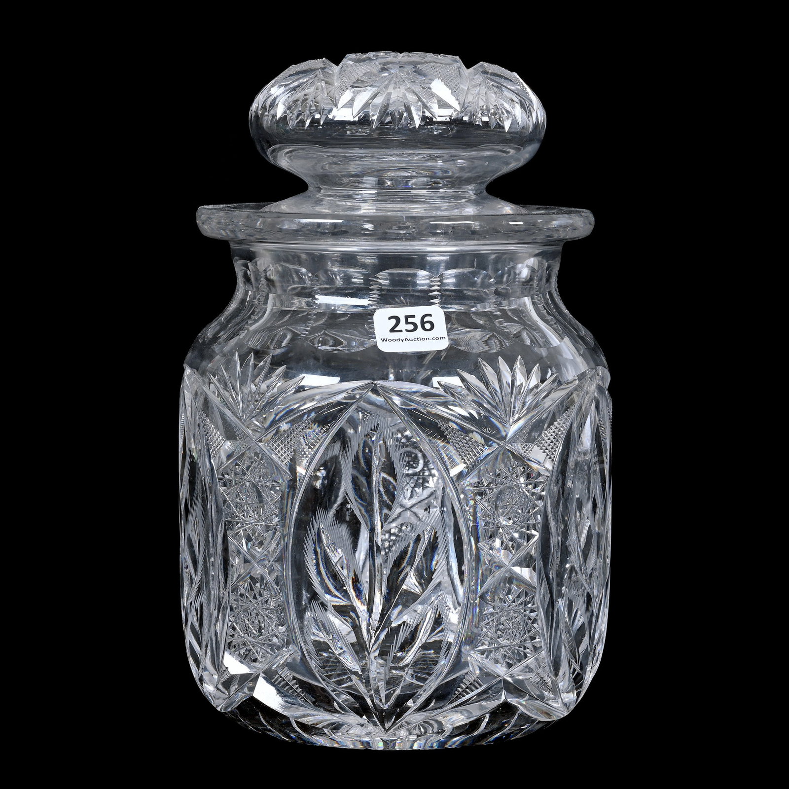 Cigar Humidor, American Brilliant Cut Glass: Cigar Humidor, American Brilliant Cut Glass, 8.75" x 5.5", Five Vesica Shaped Windows With Engraved Floral Design Alternating With Hobstar, Strawberry Diamond And Fan Highlights, Flashed Hobstar Lid, 
