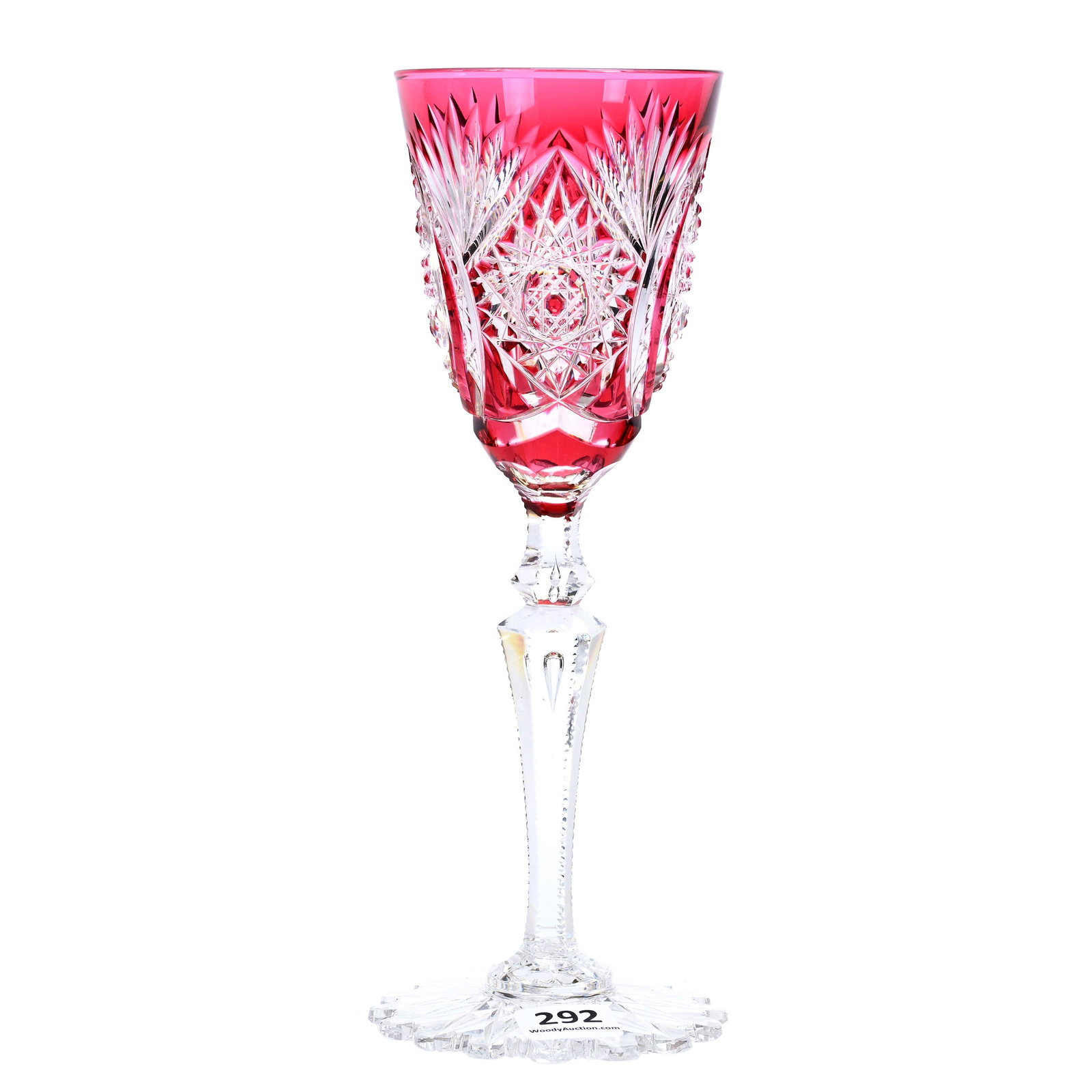 Wine Stem, BPCG, Cranberry Cut To Clear: Wine Stem, Brilliant Period Cut Glass, Cranberry Cut To Clear, 8.5" x 3", Menzel Pattern By Val St. Lambert, Circa 1905, Scalloped Hobstar Foot, Double Teardrop Stem, The Larry & Sandy Smith Collectio