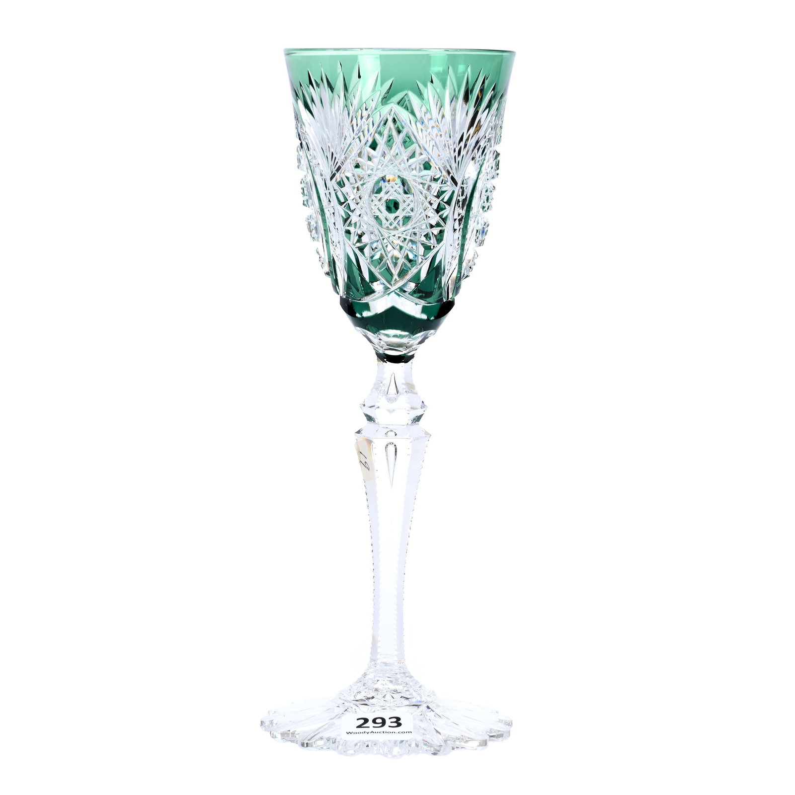 Wine Stem, BPCG, Green Cut To Clear: Wine Stem, Brilliant Period Cut Glass, Green Cut To Clear, 8.5" x 3", Menzel Pattern By Val St. Lambert, Circa 1905, Scalloped Hobstar Foot, Double Teardrop Stem, The Larry & Sandy Smith Collection.