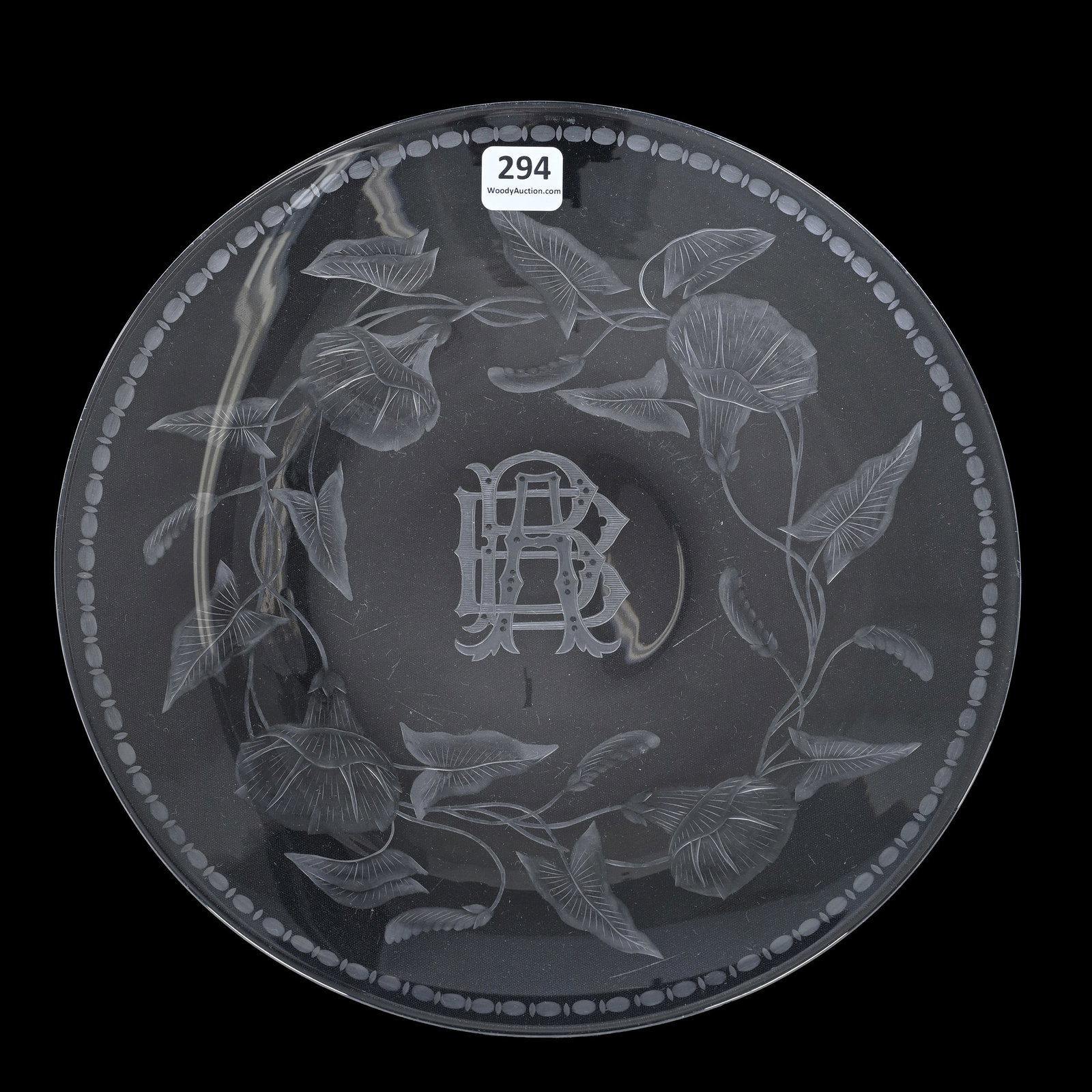 Plate, American Brilliant Cut Glass, Signed Sinclaire: Plate, American Brilliant Cut Glass, Signed Sinclaire, 10", Engraved Morning Glory Decor, Monogrammed Center, The Estate Of Jean & Ralph Borelli.