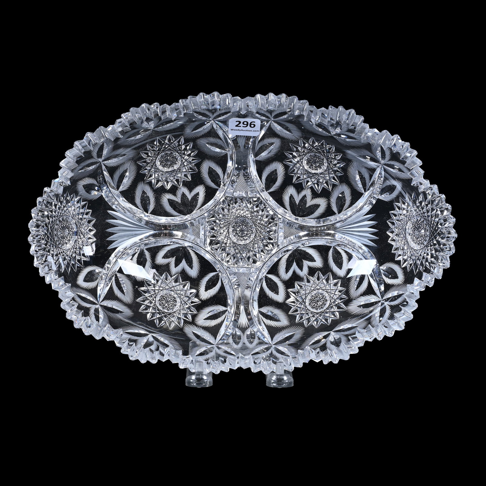 Bread Bowl, American Brilliant Cut Glass: Bread Bowl, American Brilliant Cut Glass, 11.75" x 7.75", Hobstar, Crescent Miter And Feathered Leaf Design, Attributed To Sinclaire, Quality Blank, Tooth Chip, The Teddie And The Late Warren Biden Co