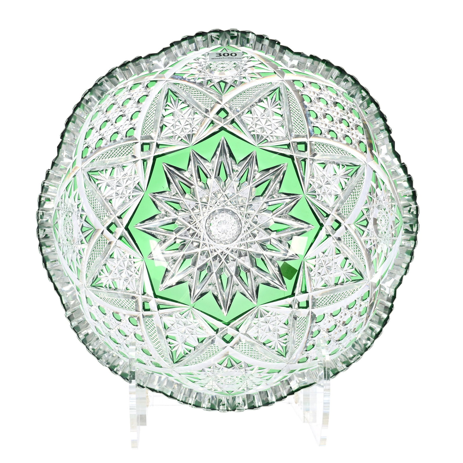 Bowl, American Brilliant Cut Glass, Green Cut To Clear: Bowl, American Brilliant Cut Glass, Green Cut To Clear, 4.5" x 10", Hobstar, Cane, Strawberry Diamond And Vesica Motif, Very Nice Example, The Ruth & Charles Kwartler Collection.
