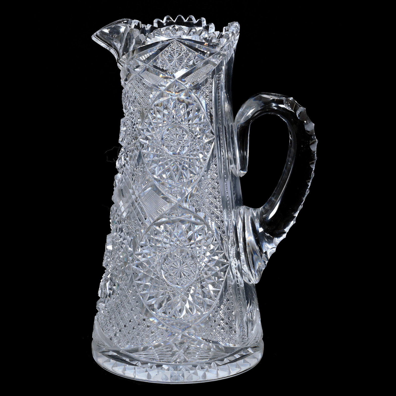 Tankard, American Brilliant Cut Glass: Tankard, American Brilliant Cut Glass, 11.75" x 7.5", Hobstar, Cane, Strawberry Diamond And Vesica Motif, Triple Notched Handle, Hobstar Base, Missouri Private Collection.