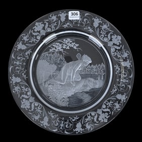Round Tray, Cut Glass, Engraved, Artist Signed