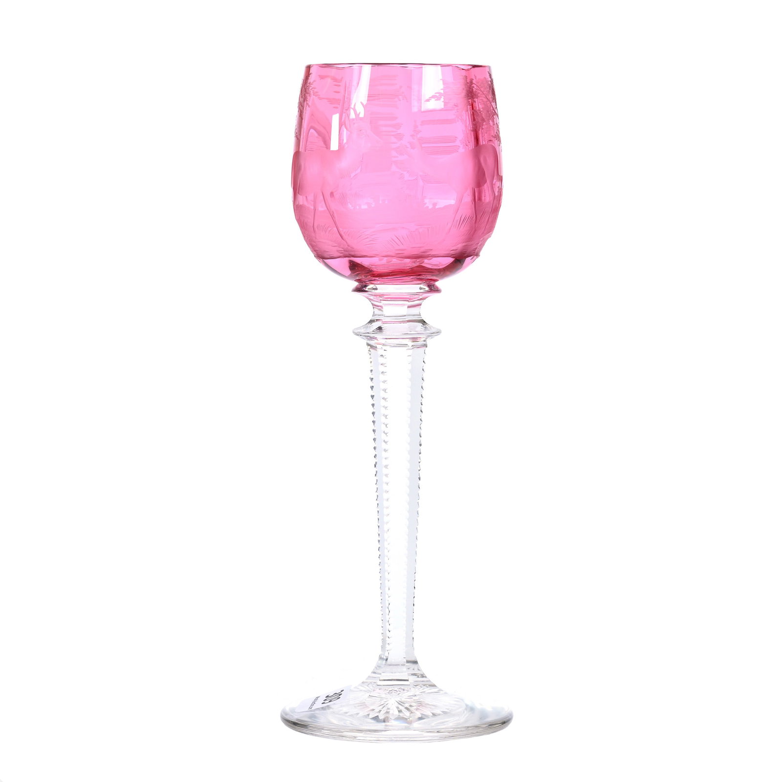 Wine Stem, BPCG, Cased Cranberry Bowl: Wine Stem, Brilliant Period Cut Glass, Cased Cranberry Bowl, 8.25" x 3", Clear Stem And Foot, Fully Engraved Forest Scene With Stag And Doe, The Estate Of Jean & Ralph Borelli.
