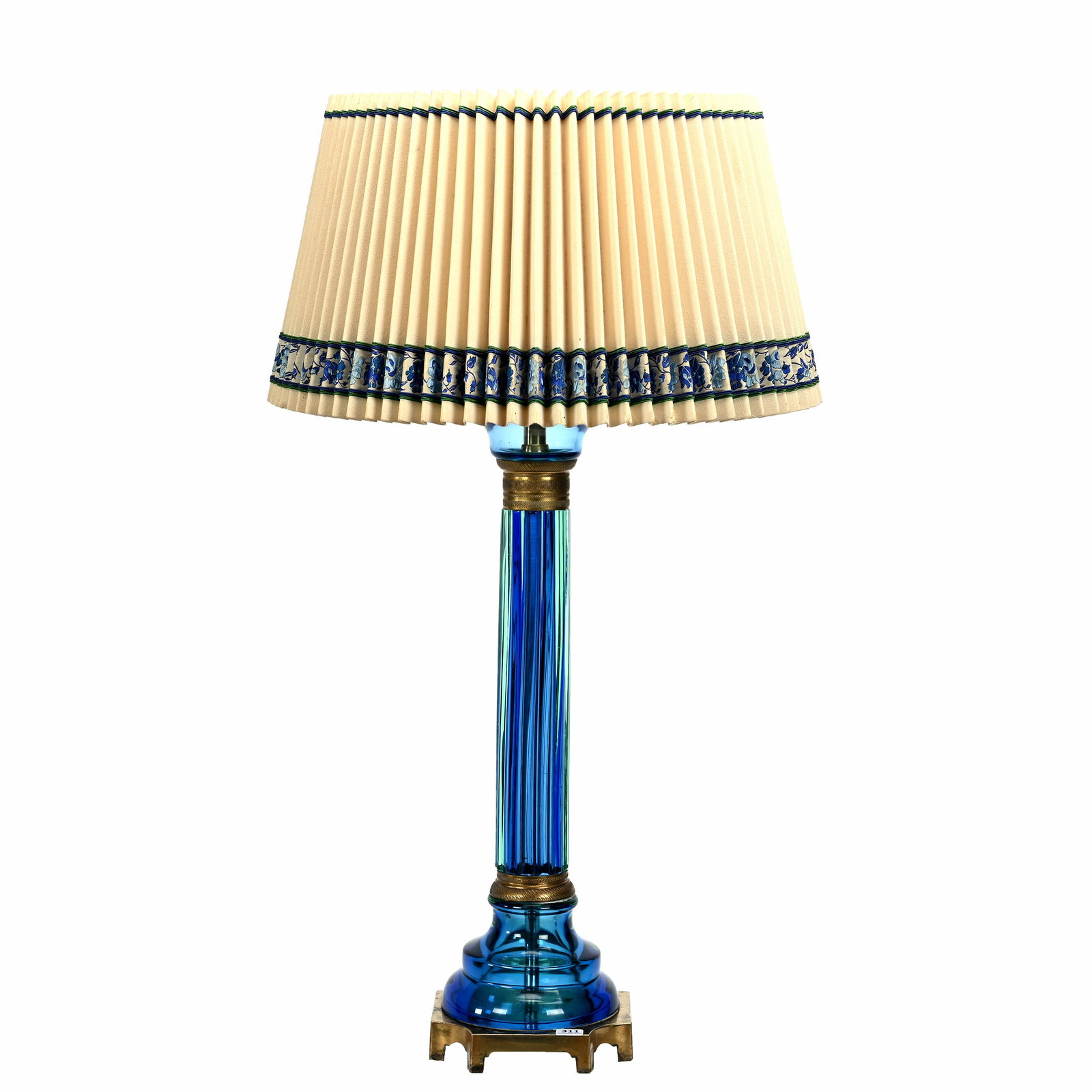 Table Lamp: Table Lamp, 30" x 18", Solid Blue Cased Glass Body With Gilt Metal Fittings, Pleated Shade, Glass Body Gives Possible Appearance Of Being Late Period Sinclaire, No Finial To Hold Shade On Base, The Es