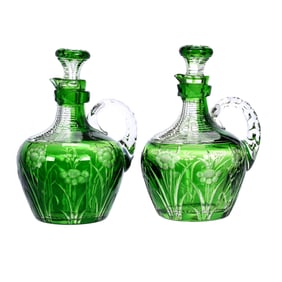 Pair Decanters, BPCG, Emerald Green Cut To Clear