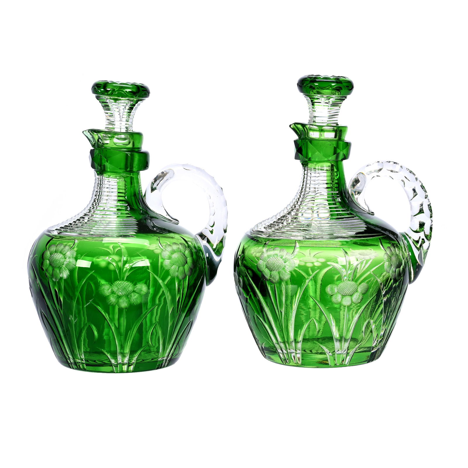 Pair Decanters, BPCG, Emerald Green Cut To Clear (1 of 6)