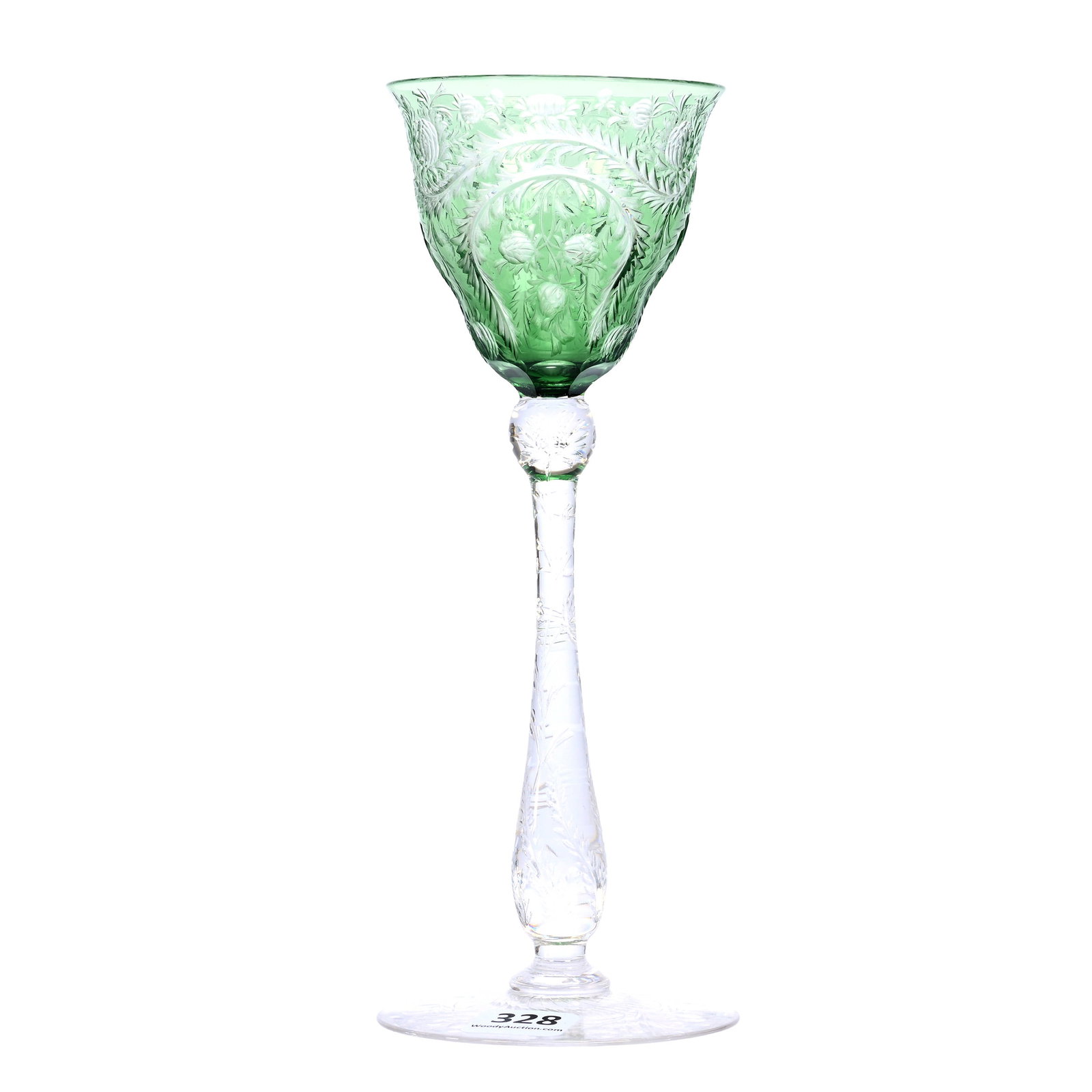 Wine Stem, BPCG, Green Cut To Clear: Wine Stem, Brilliant Period Cut Glass, Green Cut To Clear, 8" x 3", Engraved Fern And Blossom Decor, Fully Engraved Stem And Foot, The Estate Of Jean & Ralph Borelli.