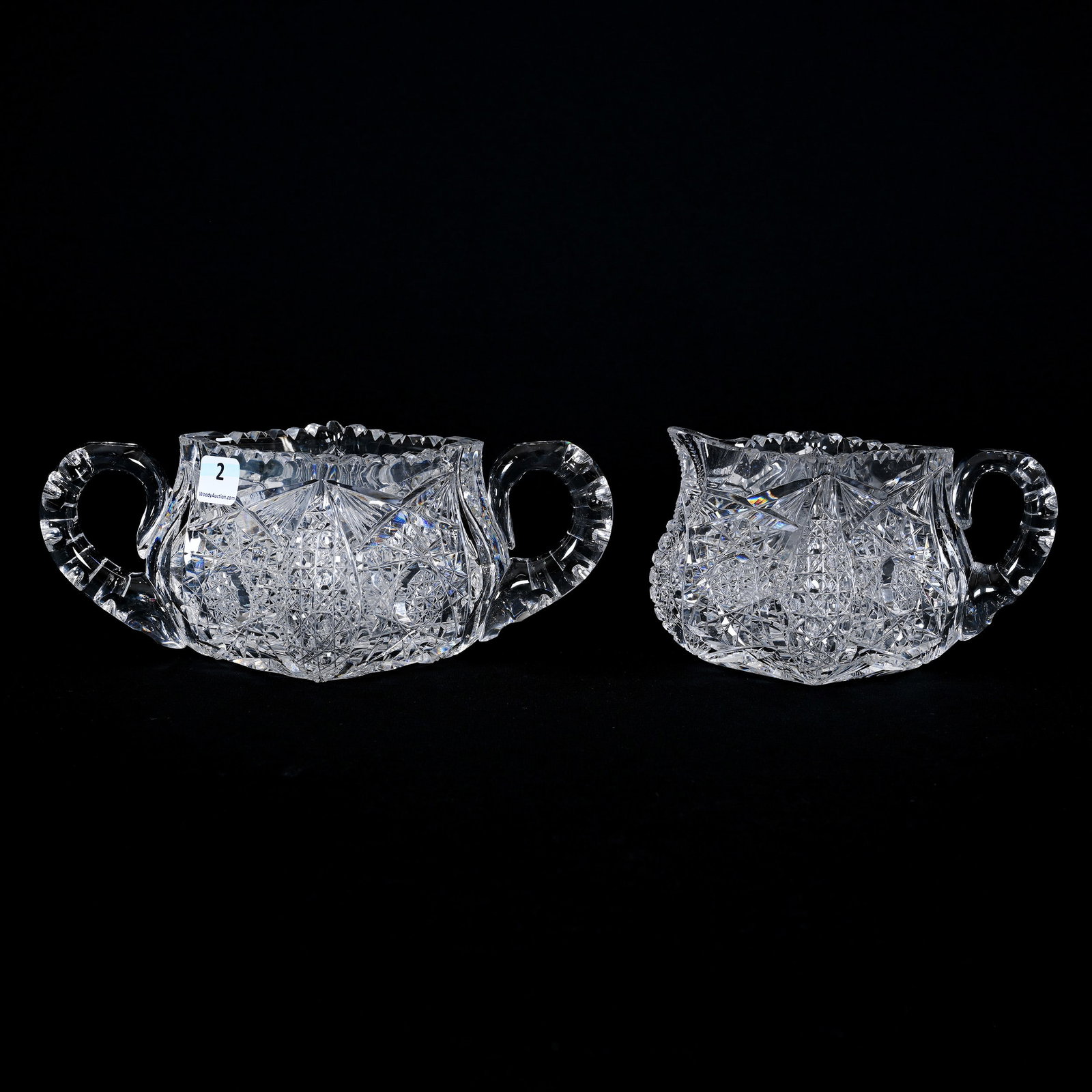 Plantation Creamer & Sugar Set, ABCG: Plantation Creamer & Sugar Set, American Brilliant Cut Glass, 3.25" x 8.5", Four-Sided, Hobstar, Vesica, Cane And Fan Motif, Ray Cut Base, Double Notched Handle, Tip Of One Handle Attachment Has Minor