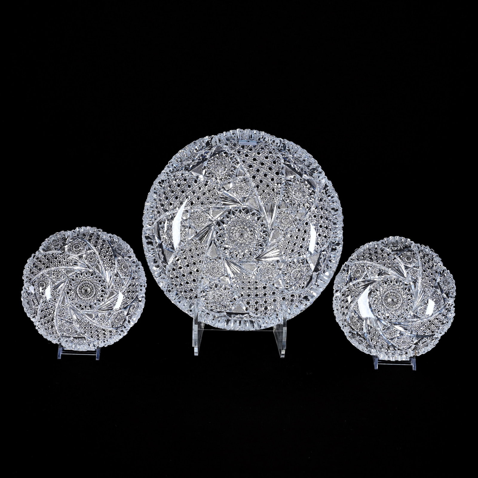 Berry Set, American Brilliant Cut Glass: Berry Set, American Brilliant Cut Glass, Home Canoe Design Featuring Hobstar, Cane, Strawberry Diamond And Fan Motif, (1) 2.75" x 10" Bowl And (2) Matching 6" Berry Dishes, Large Bowl Is Nearly Double