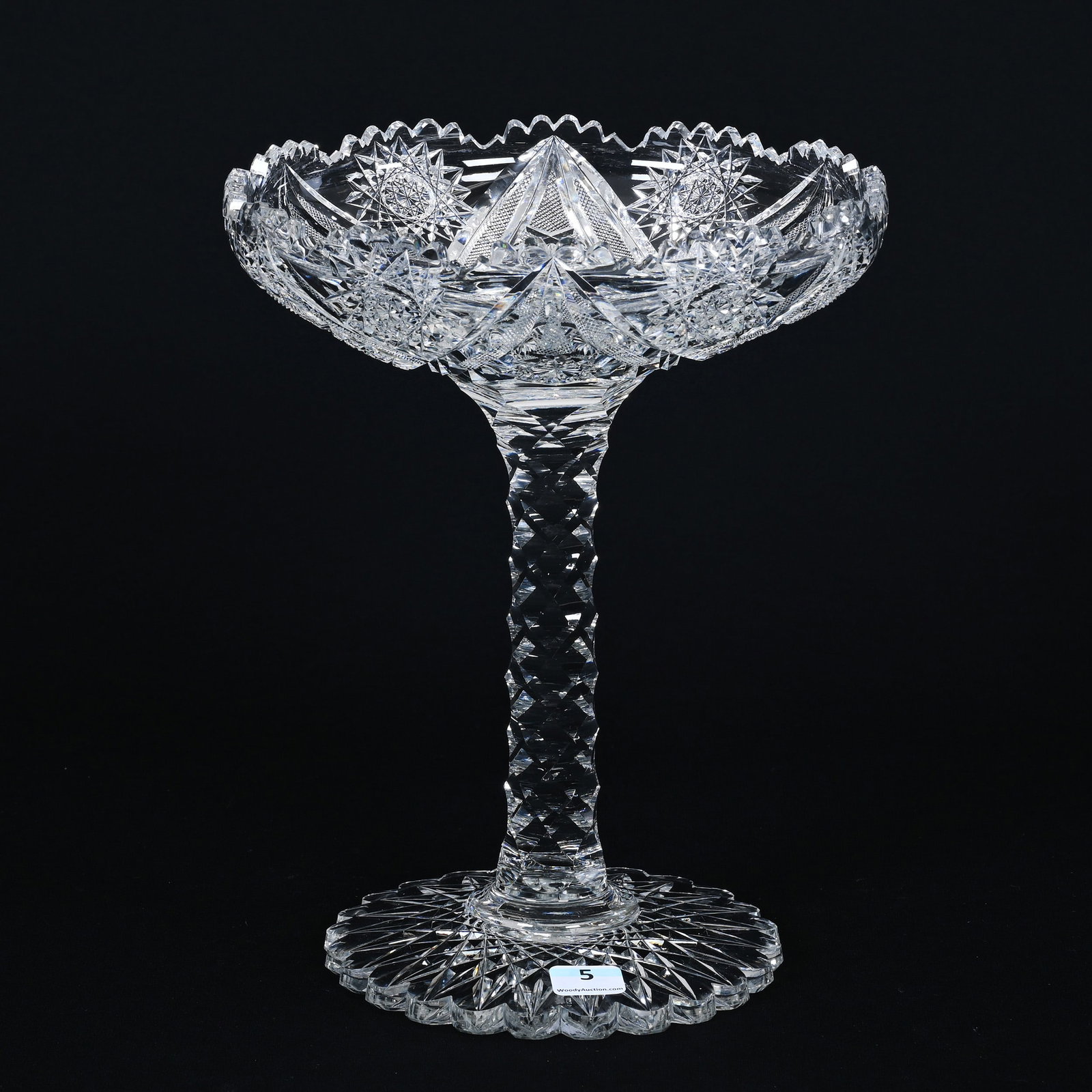 Compote, American Brilliant Cut Glass: Compote, American Brilliant Cut Glass, 10" x 8", Hobstar, Vesica, Strawberry Diamond Motif, Solid Diamond Cut Stem, Large Hobstar Foot, Extra Clear Blank, Possible Rim Touch-Up, Estate Of Jean & Ralph