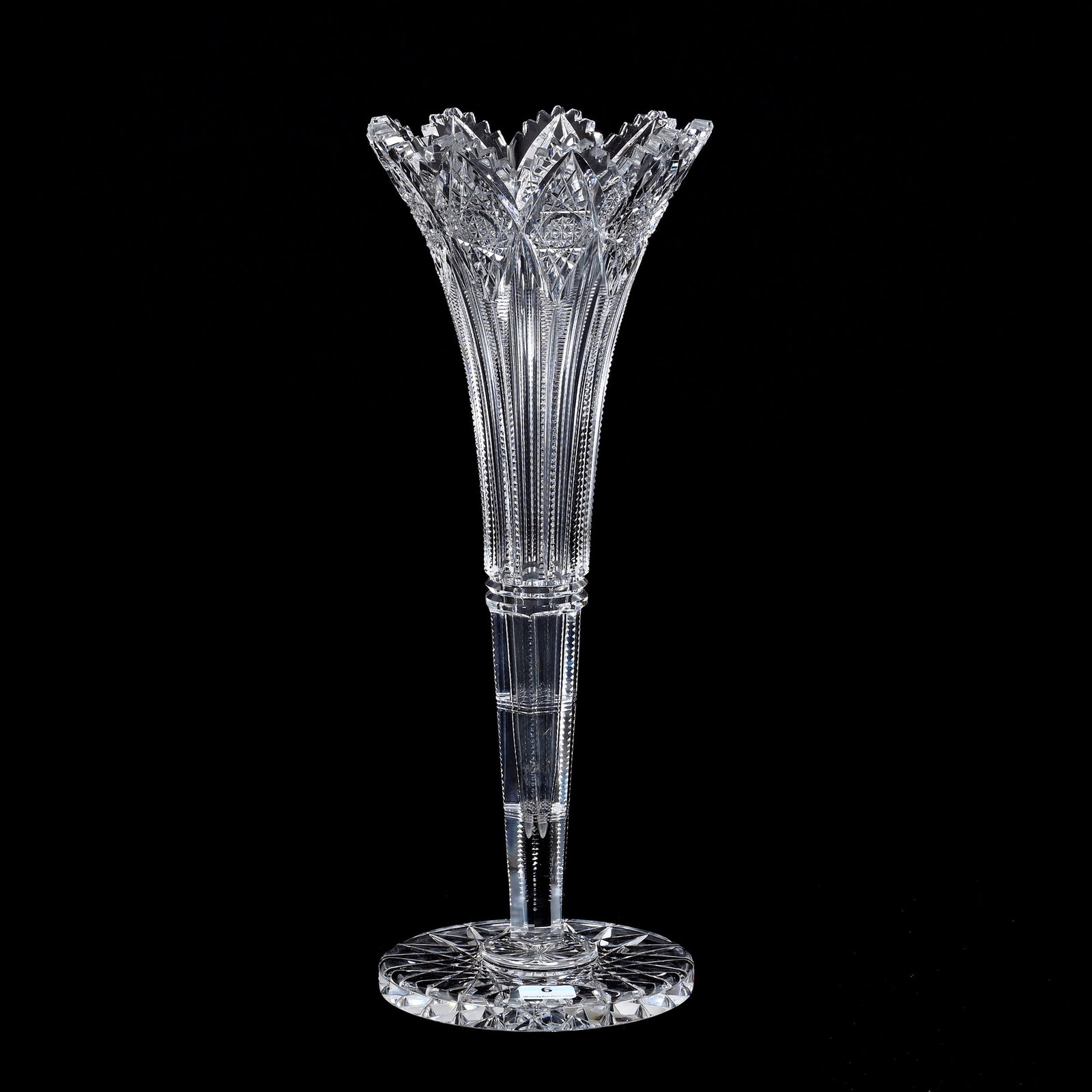 Trumpet Vase, ABCG, Signed Hawkes Brunswick: Trumpet Vase, American Brilliant Cut Glass, Signed Hawkes Brunswick, 14" x 5.25", Hobstar Foot, Outside Rim Chip, Estate Of Jean & Ralph Borelli.