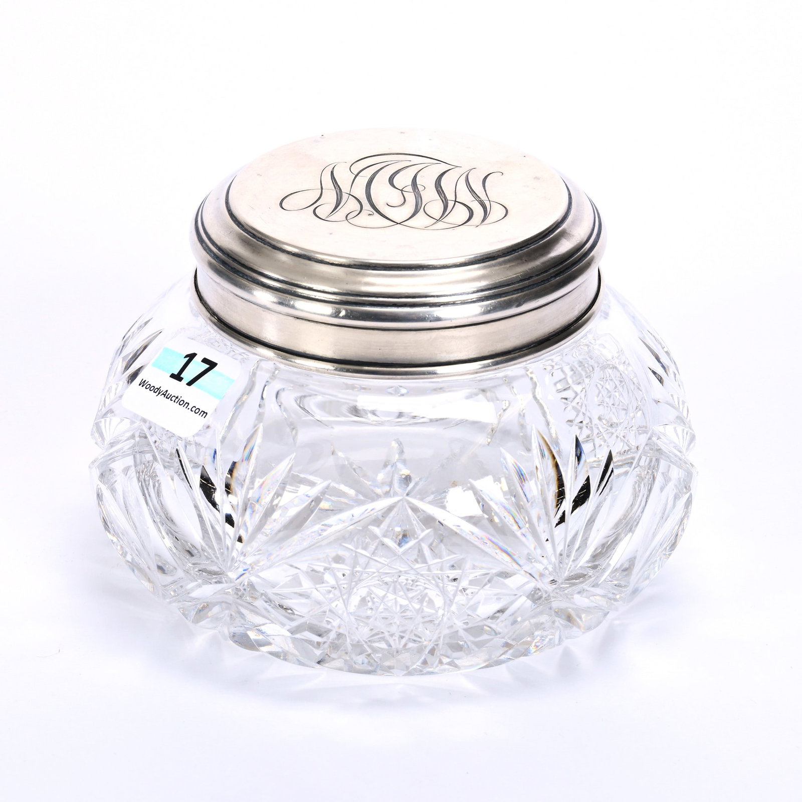 Powder Box, American Brilliant Cut Glass: Powder Box, American Brilliant Cut Glass, 3.25" x 4.5", Hobstar, Bullseye And Fan Motif, Sterling Silver Lid Marked Dominick & Haff #622, Monogram On Lid, Ray Cut Base, Outside Rim Chip, Estate Of Jea