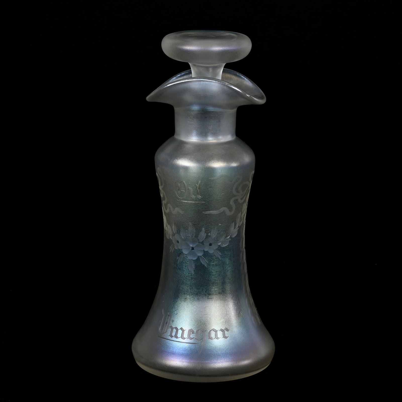 Oil/Vinegar Bottle, ABCG, Signed Hawkes: Oil/Vinegar Bottle, American Brilliant Cut Glass, Signed Hawkes, 7.5" x 3.25", Iridescent Verre De Soie, Engraved Floral Garland Design, Original Stopper, Estate Of Jean & Ralph Borelli.