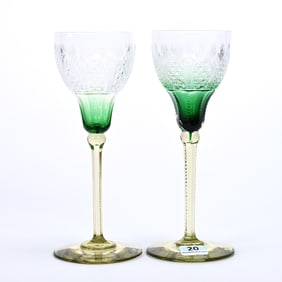 Pair Wine Stems, BPCG, Clear Cased Cut To Green Bowl