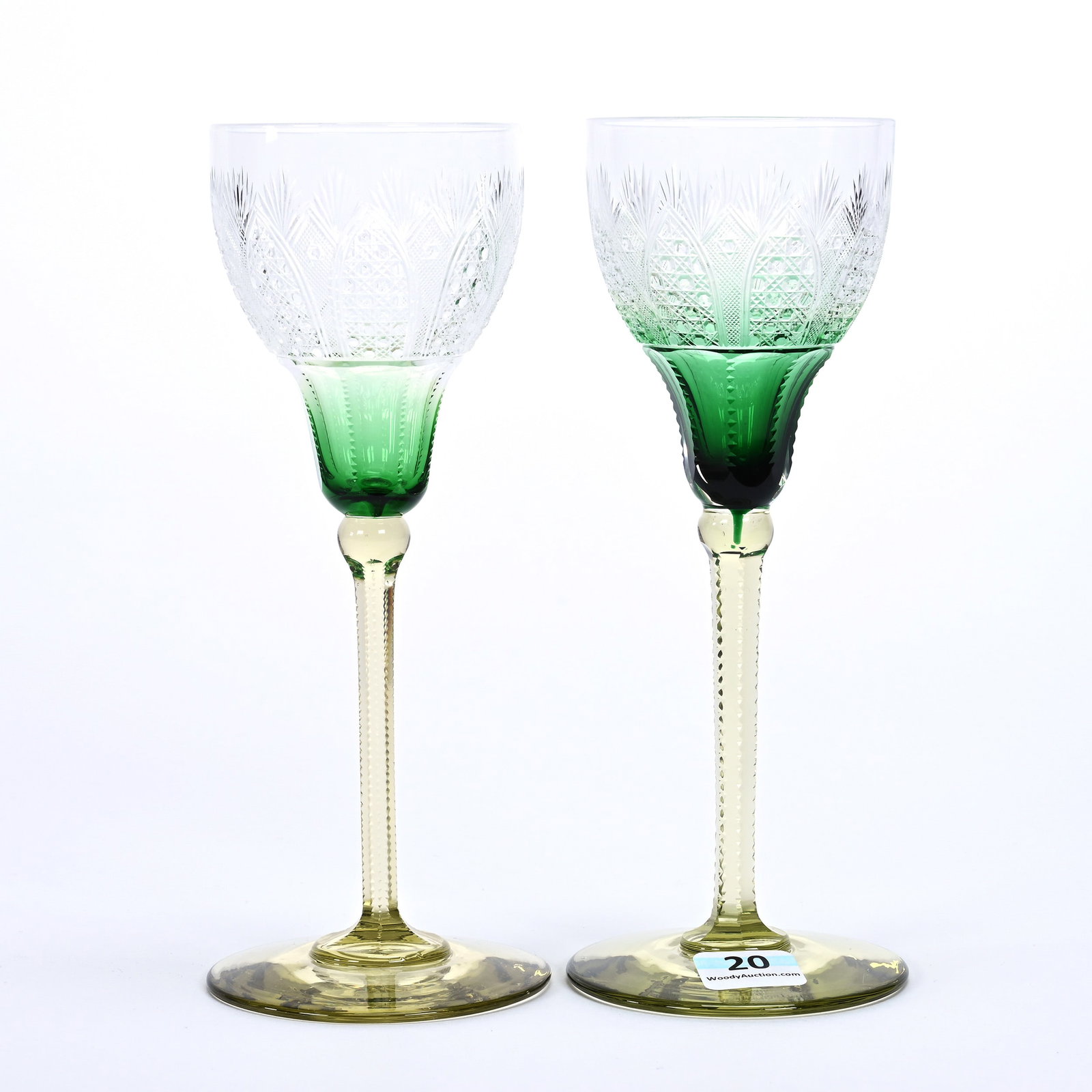 Pair Wine Stems, BPCG, Clear Cased Cut To Green Bowl: Pair Wine Stems, Brilliant Period Cut Glass, Clear Cased Cut To Green Bowl, 7.5" x 3", Olive Stem And Foot, Cane, Strawberry And Fan Motif, Unknown Cutter, Unique Color Combination, Attributed To Pepi