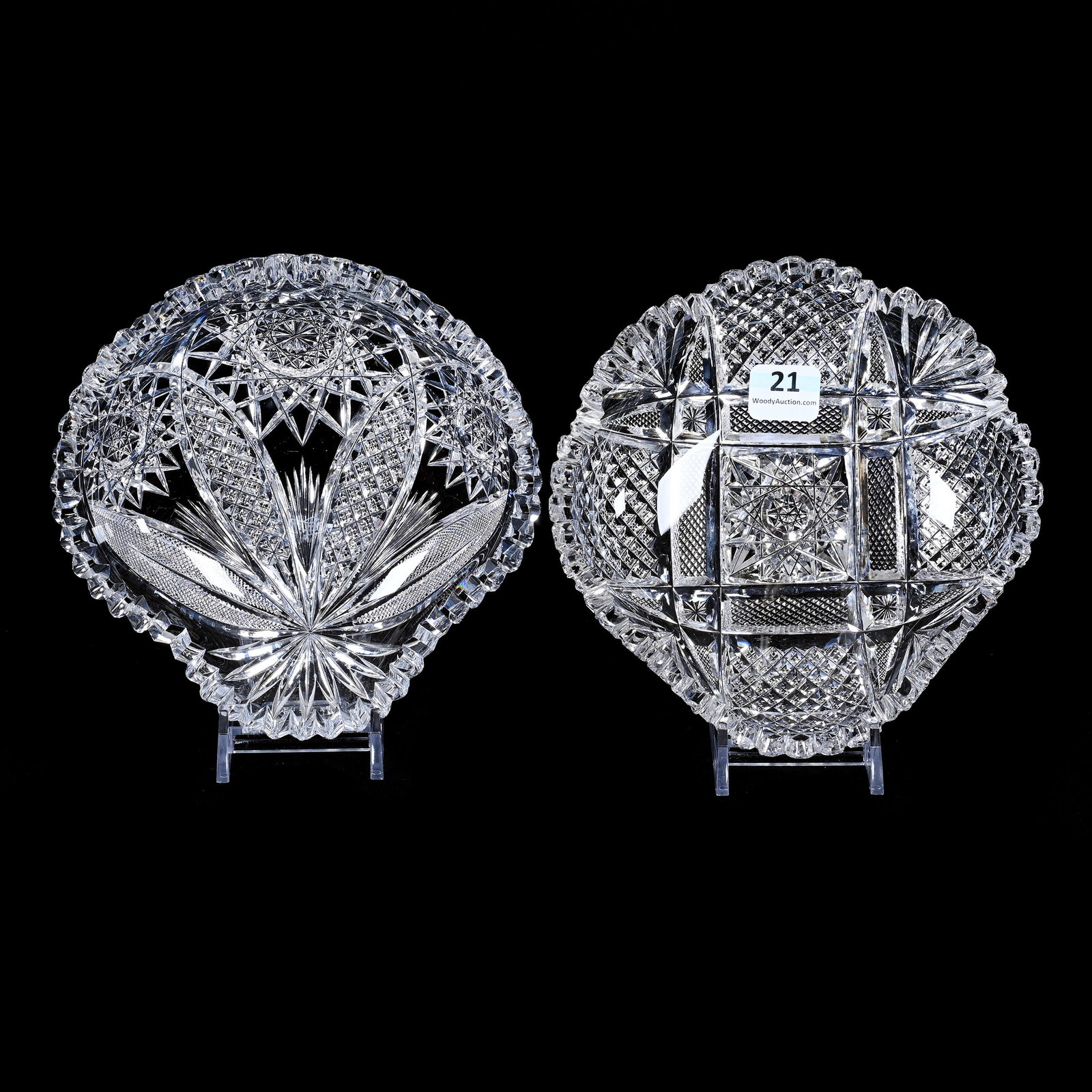 (2) Nappies, American Brilliant Cut Glass: (2) Nappies, American Brilliant Cut Glass, 5.75", (1) Oxford Pattern By J. Hoare, (1) Signed Tuthill With Hobstar, Vesica, Crosscut Diamond, Strawberry Diamond And Fan Motif, Estate Of Jean & Ralph Bo