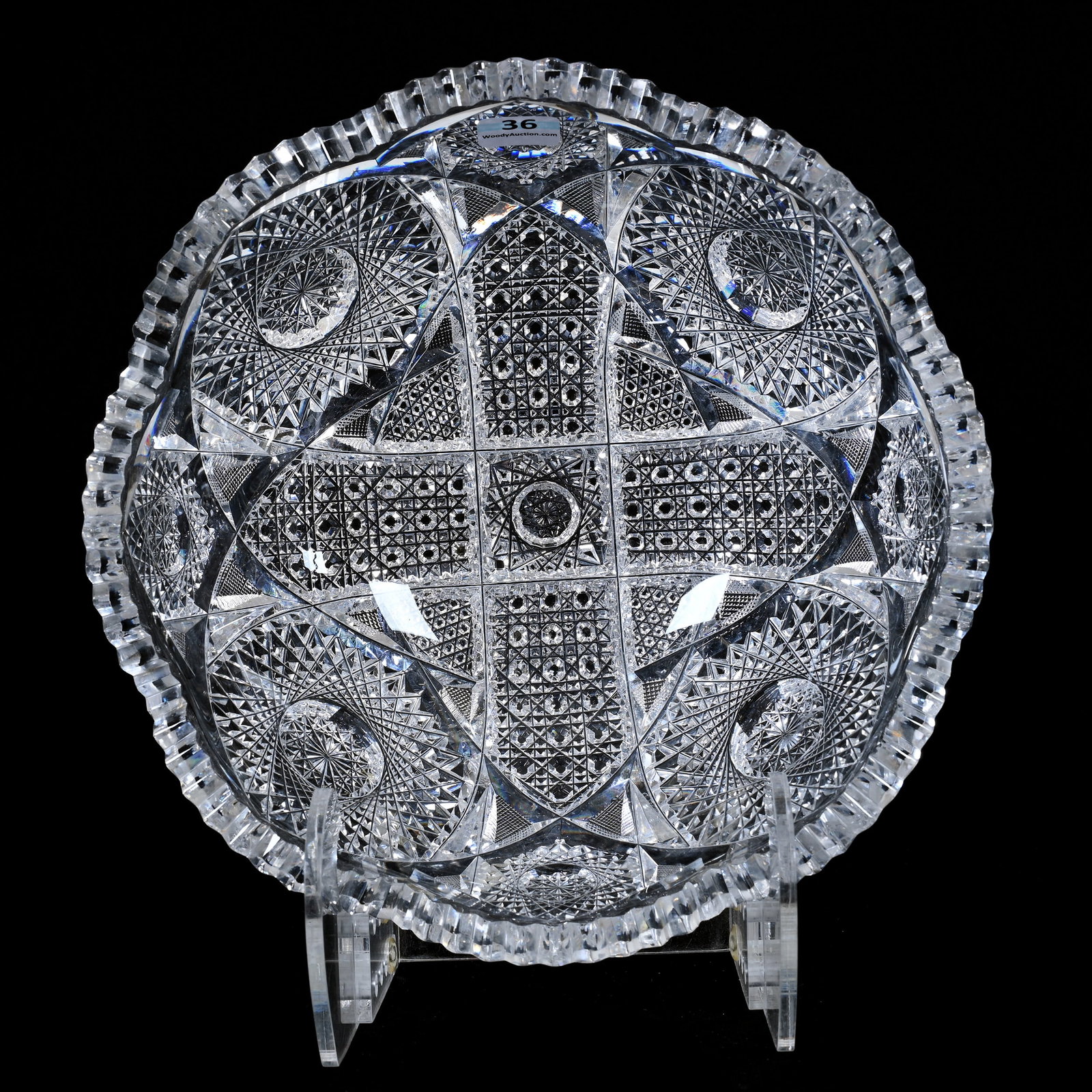 Bowl, American Brilliant Cut Glass: Bowl, American Brilliant Cut Glass, 4" x 9.5", Four Sections Of Hobstar, Cane, Nailhead Diamond And Strawberry Diamond Motif, Tooth Chip, Estate Of Jean & Ralph Borelli.