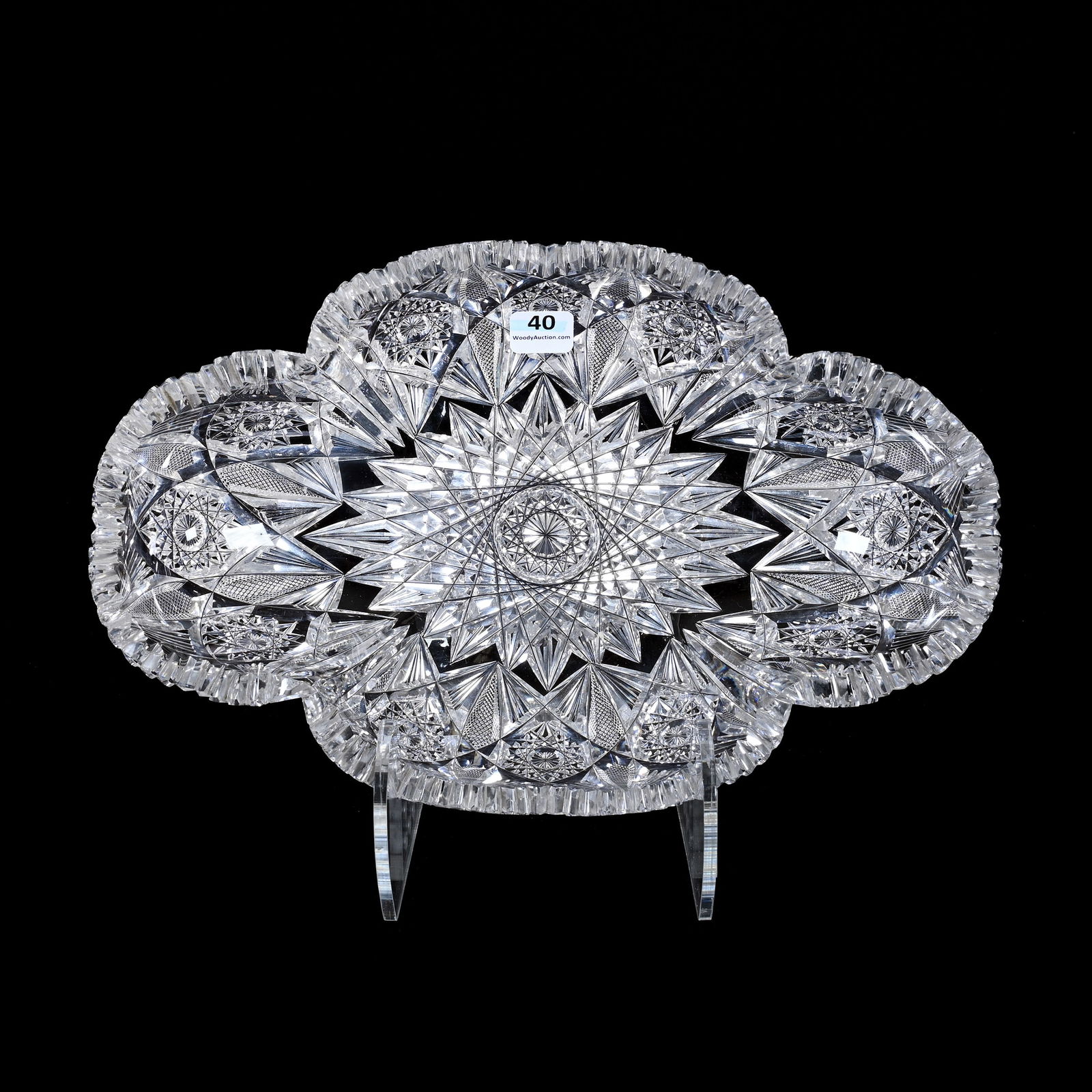 Dish, Blown Mold, ABCG: Dish, Blown Mold, American Brilliant Cut Glass, 2.75" x 12" x 7.75", Hobstar, Vesica, Strawberry Diamond And Fan Motif, Nice Example, Tooth Chip, Estate Of Jean & Ralph Borelli.