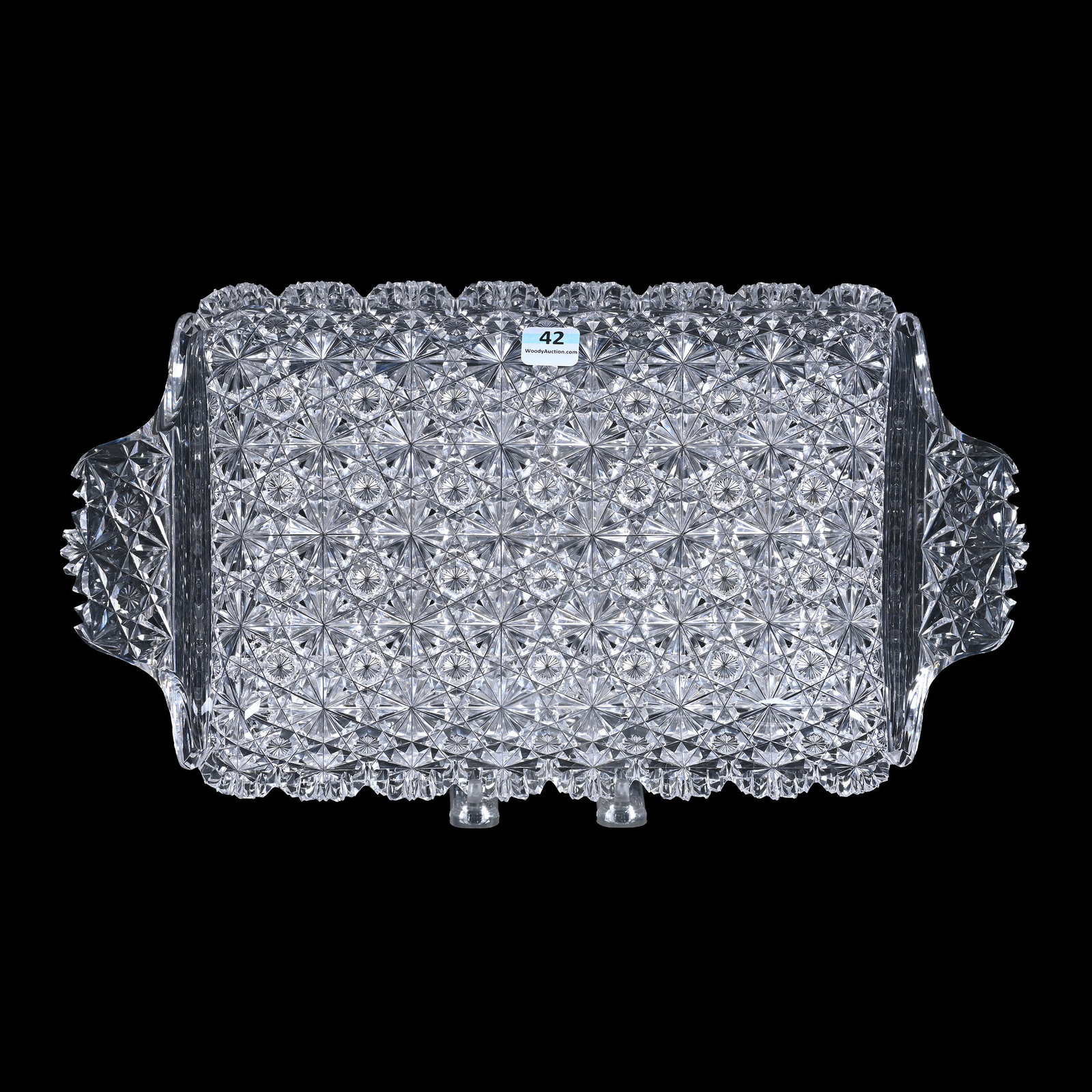 Tray, Tab Handles, American Brilliant Cut Glass: Tray, Tab Handles, American Brilliant Cut Glass, 2.25" x 14.5" x 8", Russian Cut Pattern, Star Cut Buttons, Clear Blank, Estate Of Jean & Ralph Borelli.