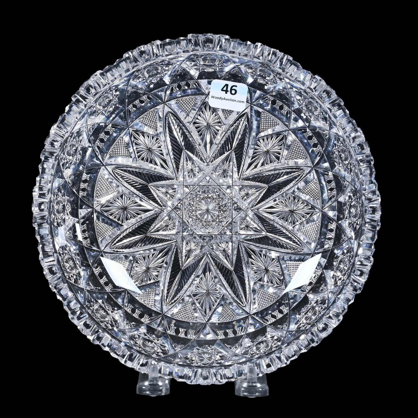 Bowl, ABCG, Signed J. Hoare: Bowl, American Brilliant Cut Glass, Signed J. Hoare, 2" x 8", Snowflake Center With Hobstar Chain, Strawberry Diamond, Star And Button Highlights, Clear Blank, Estate Of Jean & Ralph Borelli.