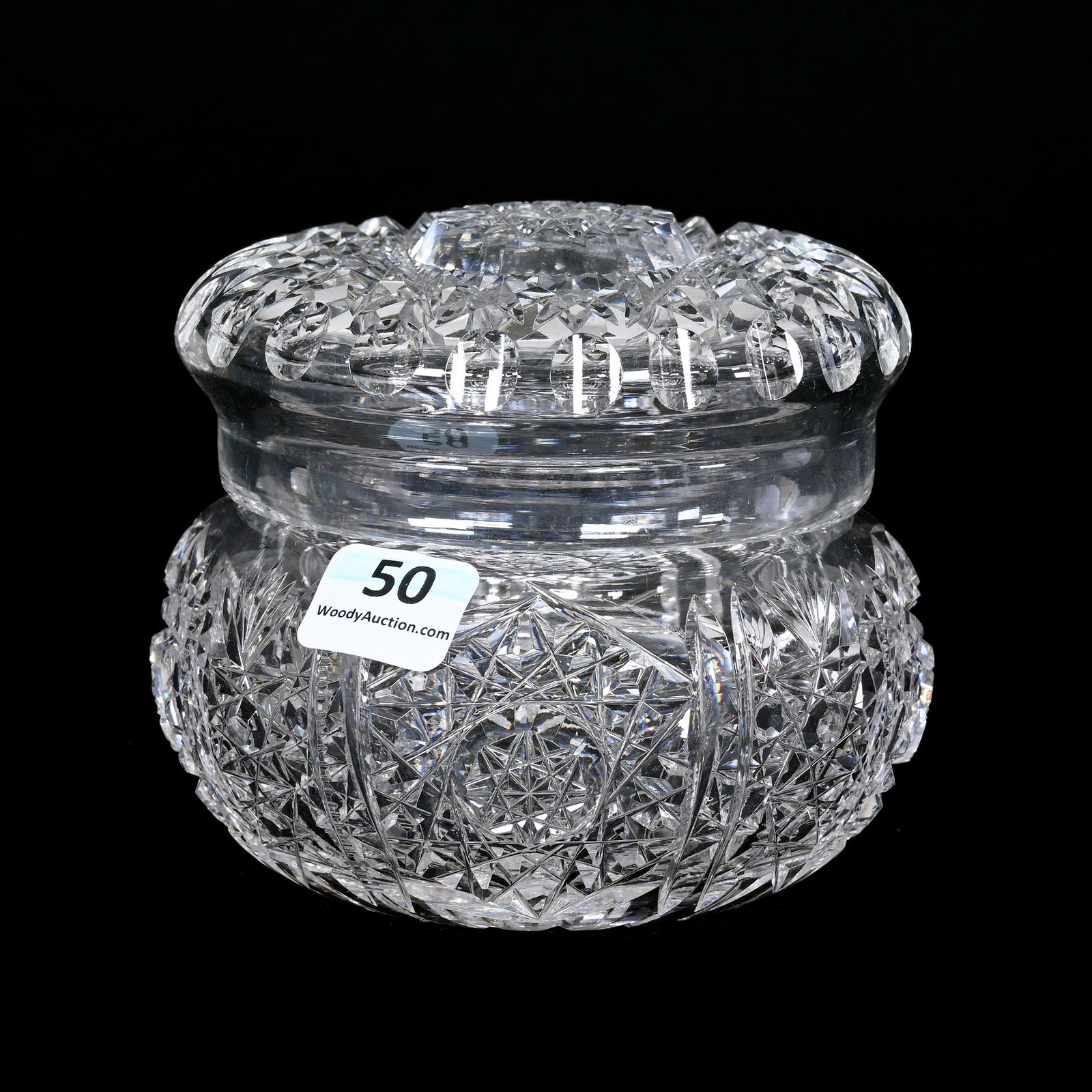 Powder Box, American Brilliant Cut Glass: Powder Box, American Brilliant Cut Glass, 3.5" x 4.25", Hobstar And Prism Motif, Ray Cut Base, Hobstar Lid, Estate Of Jean & Ralph Borelli.