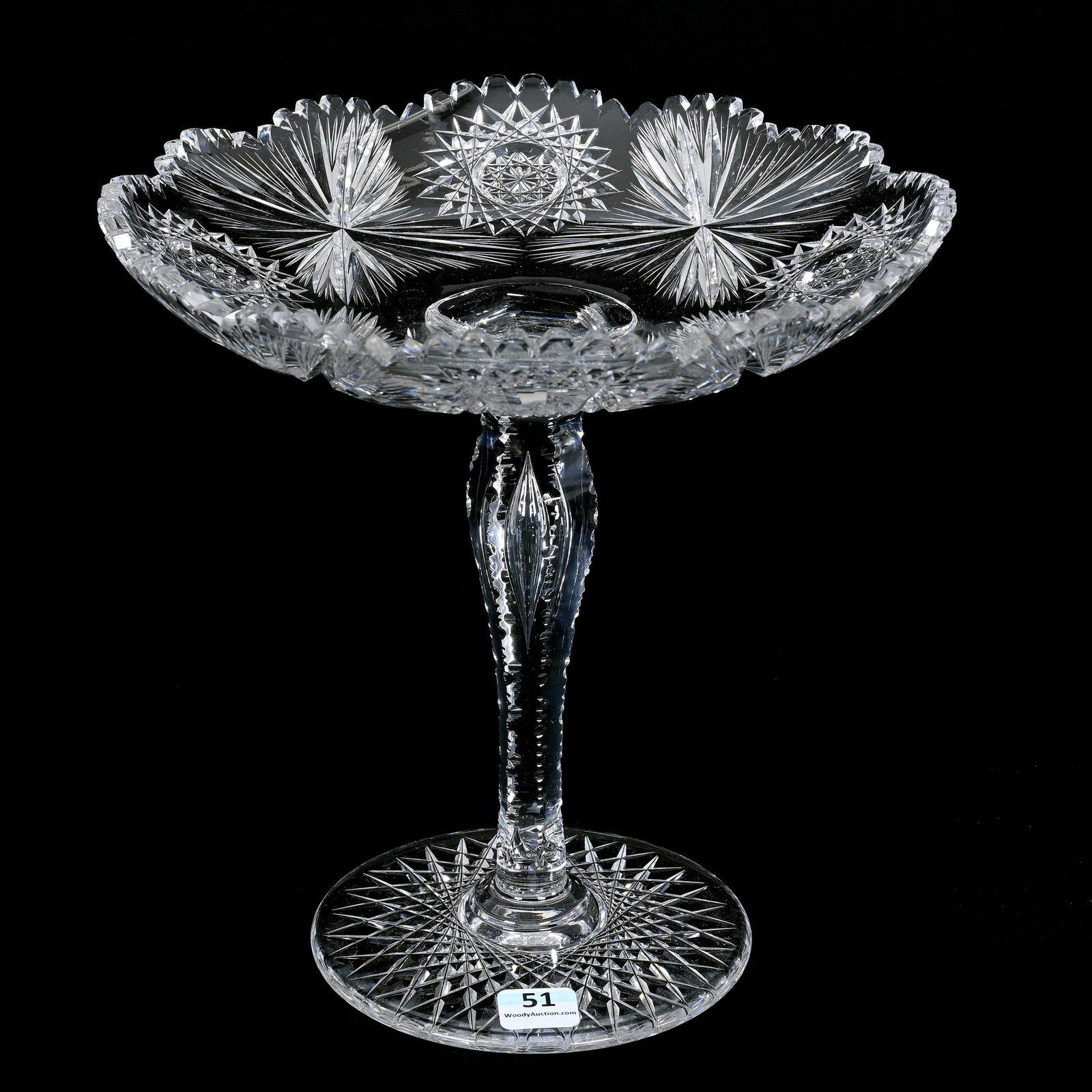 Compote, American Brilliant Cut Glass: Compote, American Brilliant Cut Glass, 9.25" x 9", Hobstar And Flashed Star Motif, Notched Teardrop Stem, Hobstar Foot, Quality Blank, Estate Of Jean & Ralph Borelli.