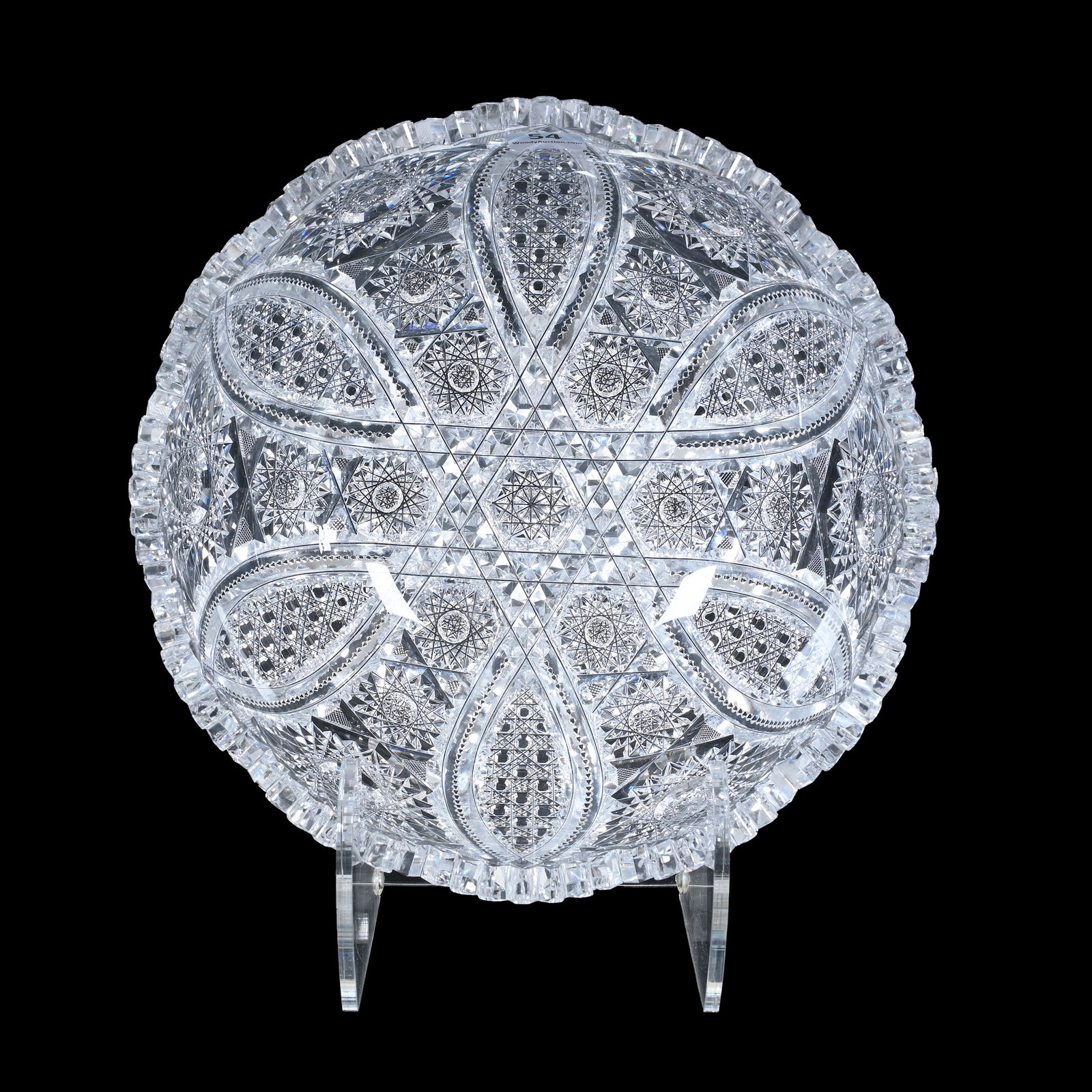 Bowl, American Brilliant Cut Glass: Bowl, American Brilliant Cut Glass, 4.25" x 9", Six Well Cut Sections Of Hobstar, Vesica, Cane And Prism Motif, Quality Blank, Estate Of Jean & Ralph Borelli.