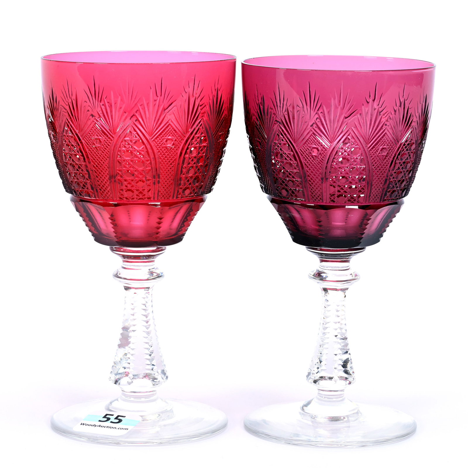 (2) Wine Stems, Cut Glass, Color Cased Bowls: (2) Wine Stems, Cut Glass, Color Cased Bowls, 5.5" x 2.75", Clear Stem And Foot, Signed Pepi Hermann, Dated 2002, Same Pattern As Lot #20, (1) Dark Cranberry, (1) Amethyst, Estate Of Jean & Ralph Bore