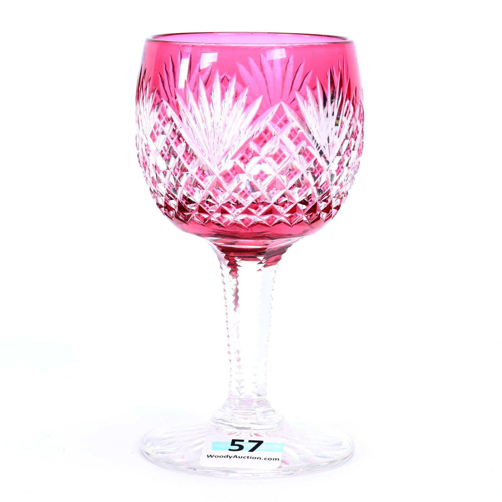 Wine Stem, ABCG, Cranberry Cut To Clear: Wine Stem, American Brilliant Cut Glass, Cranberry Cut To Clear, 4.75" x 2.5", Crosscut Diamond And Fan Motif, Solid Notched Stem, Ray Cut Foot, Estate Of Jean & Ralph Borelli.
