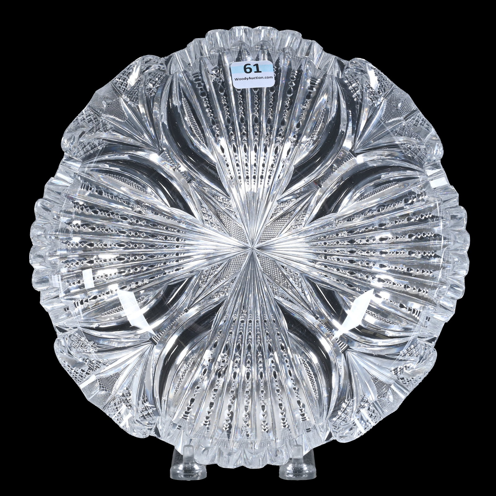 Bowl, American Brilliant Cut Glass: Bowl, American Brilliant Cut Glass, 2" x 9", Four Sections Of Prism, Clear Tusks, Strawberry Diamond, Crosscut Diamond Motif, Nice Quality Blank, Pattern Bruise, Estate Of Jean & Ralph Borelli.