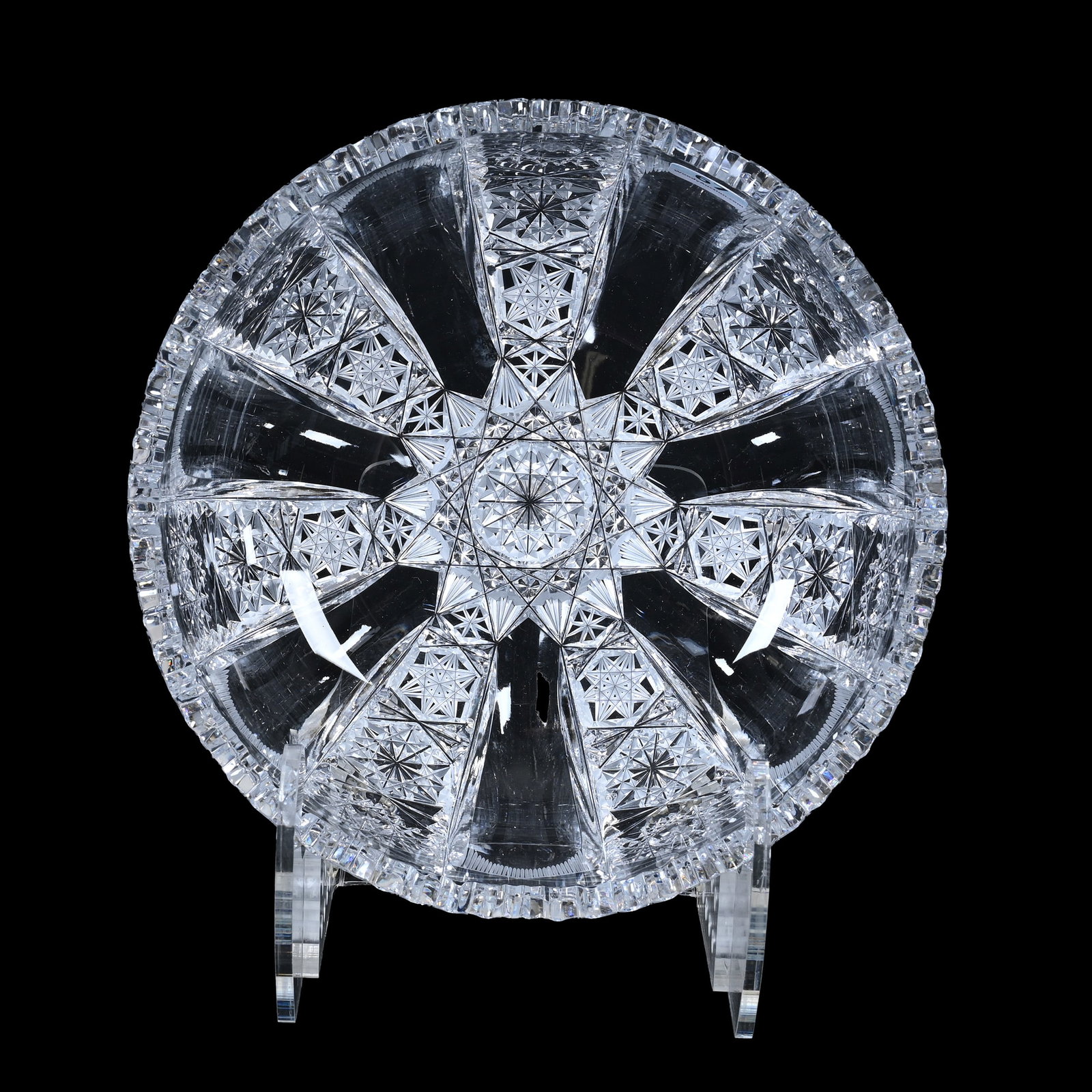Bowl, Cut Glass: Bowl, Cut Glass, 3.25" x 8", Seven Sections Of Hobstar, Panels And Flute Panels, Unpolished Highlights, Not American, Estate Of Jean & Ralph Borelli.