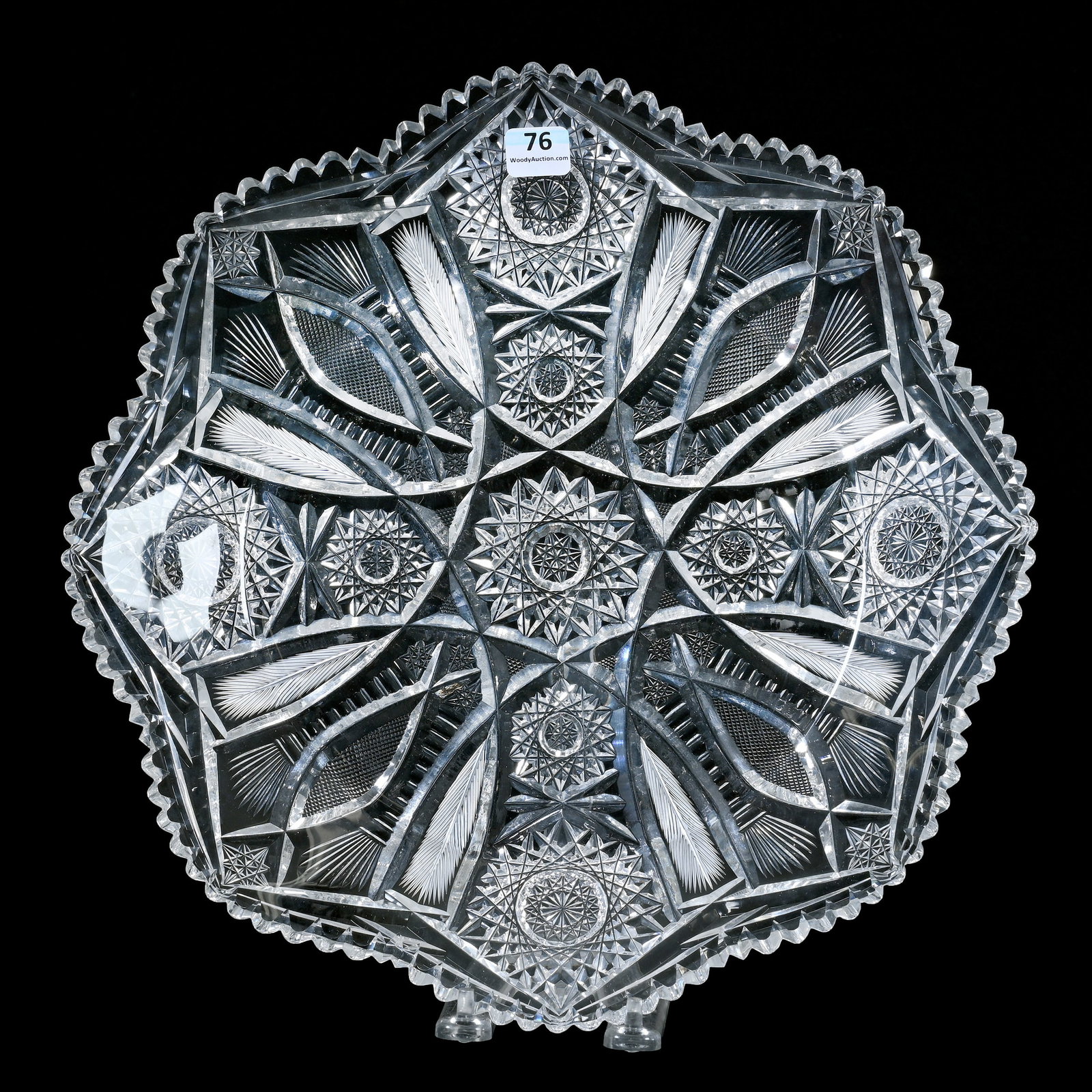 Round Tray, American Brilliant Cut Glass: Round Tray, American Brilliant Cut Glass, 13", Four Sections Of Hobstar, Vesica, Strawberry Diamond, Feather And Prism Motif, Estate Of Jean & Ralph Borelli.