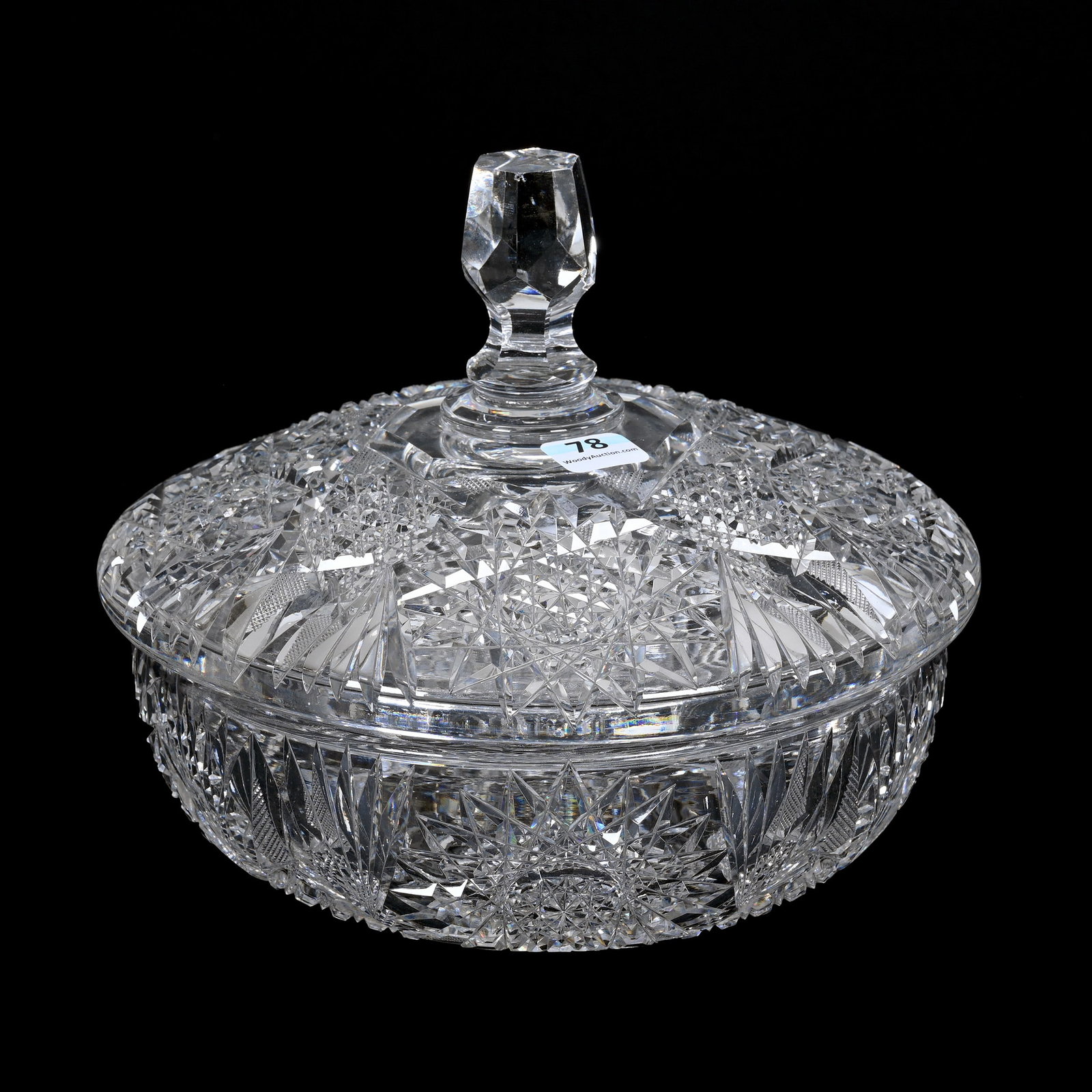 Covered Casserole, American Brilliant Cut Glass: Covered Casserole, American Brilliant Cut Glass, 7" x 8.5", Four Sections Of Hobstar, Cane, Strawberry Diamond And Fan Motif, Exact Pattern Cut Lid, Estate Of Jean & Ralph Borelli.