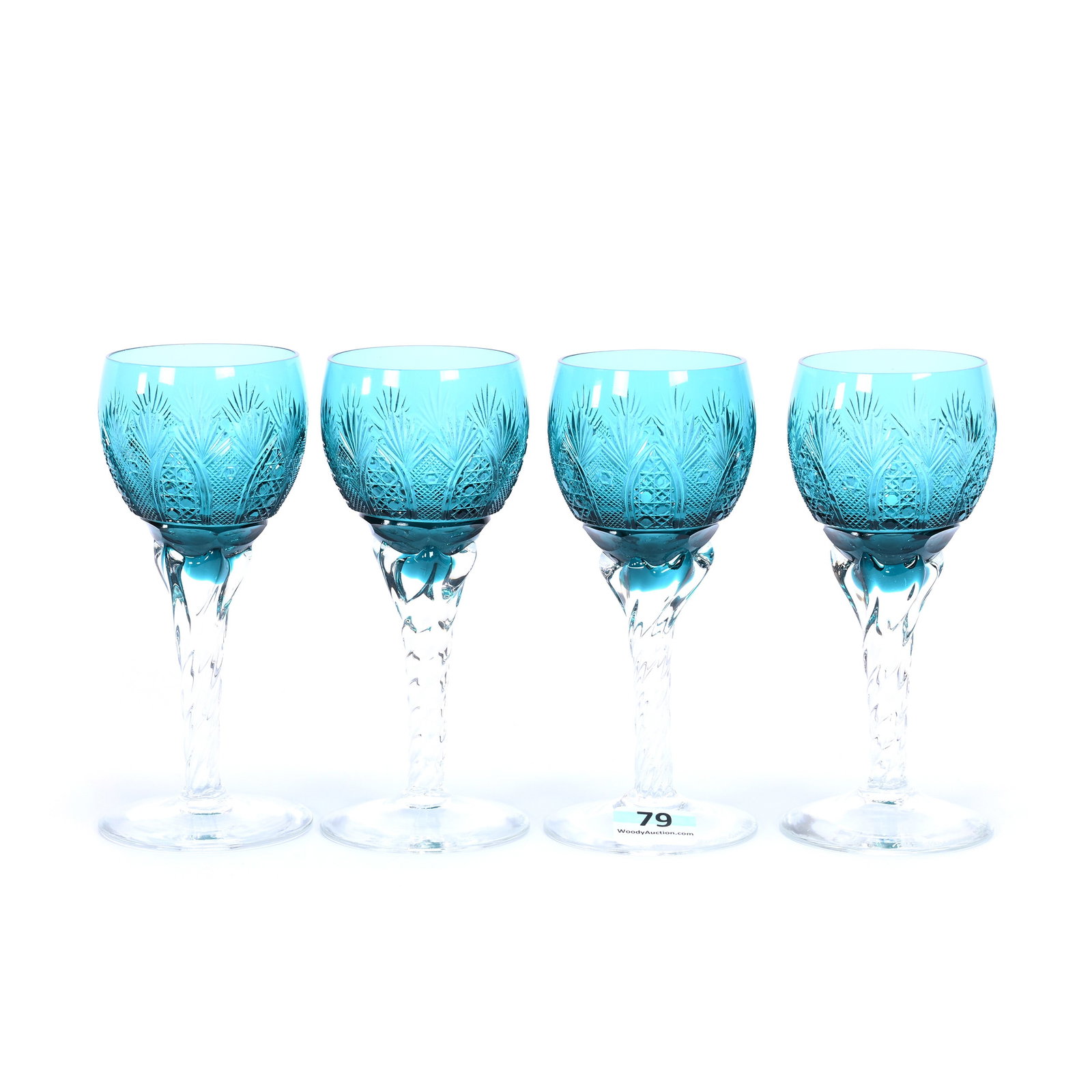 (4) Wine Stems, Cut Glass, Solid Turquoise Bowl: (4) Wine Stems, Cut Glass, Solid Turquoise Bowl, 5" x 2.25", Clear Twist Stem, Signed Pepi Hermann, Dated 2004, Same Pattern As Lot #20, Estate Of Jean & Ralph Borelli.