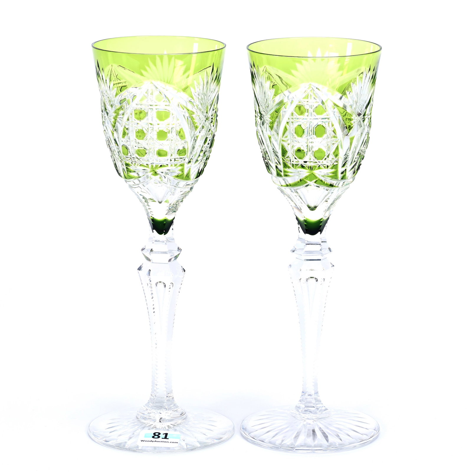 (2) Wine Stems, BPCG, Green Cut To Clear: (2) Wine Stems, Brilliant Period Cut Glass, Green Cut To Clear, 8.5" x 3", Richepin Pattern By Val St. Lambert, Circa 1920, Teardrop Notched Stem, Ray Cut Foot, Estate Of Jean & Ralph Borelli.