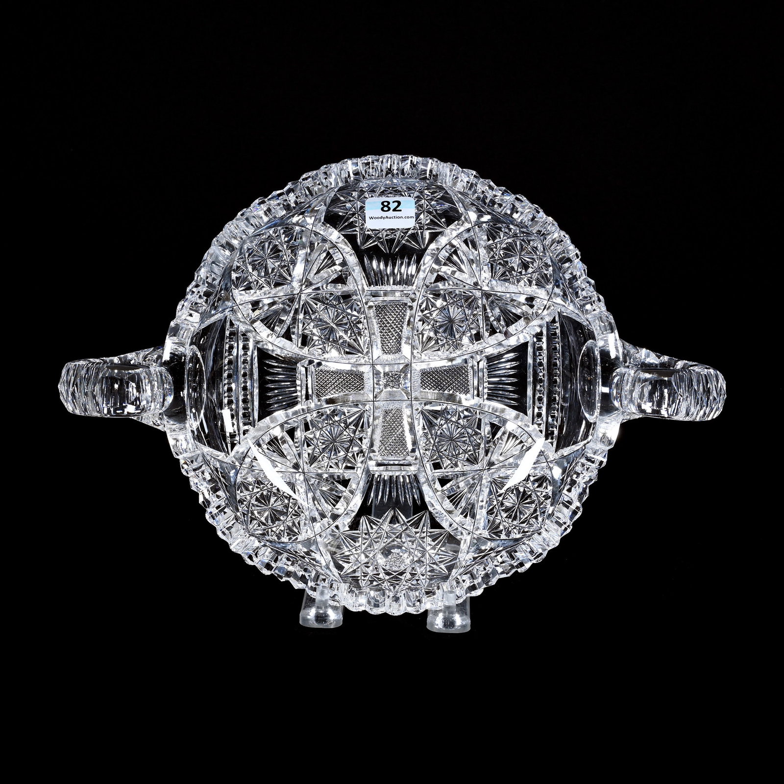 Bowl, Two Handles, American Brilliant Cut Glass: Bowl, Two Handles, American Brilliant Cut Glass, 3" x 11.5" x 8", Four Sections Of Hobstar, Vesica, Strawberry Diamond, Prism And Miter Motif, Triple Notched Handles, Estate Of Jean & Ralph Borelli.