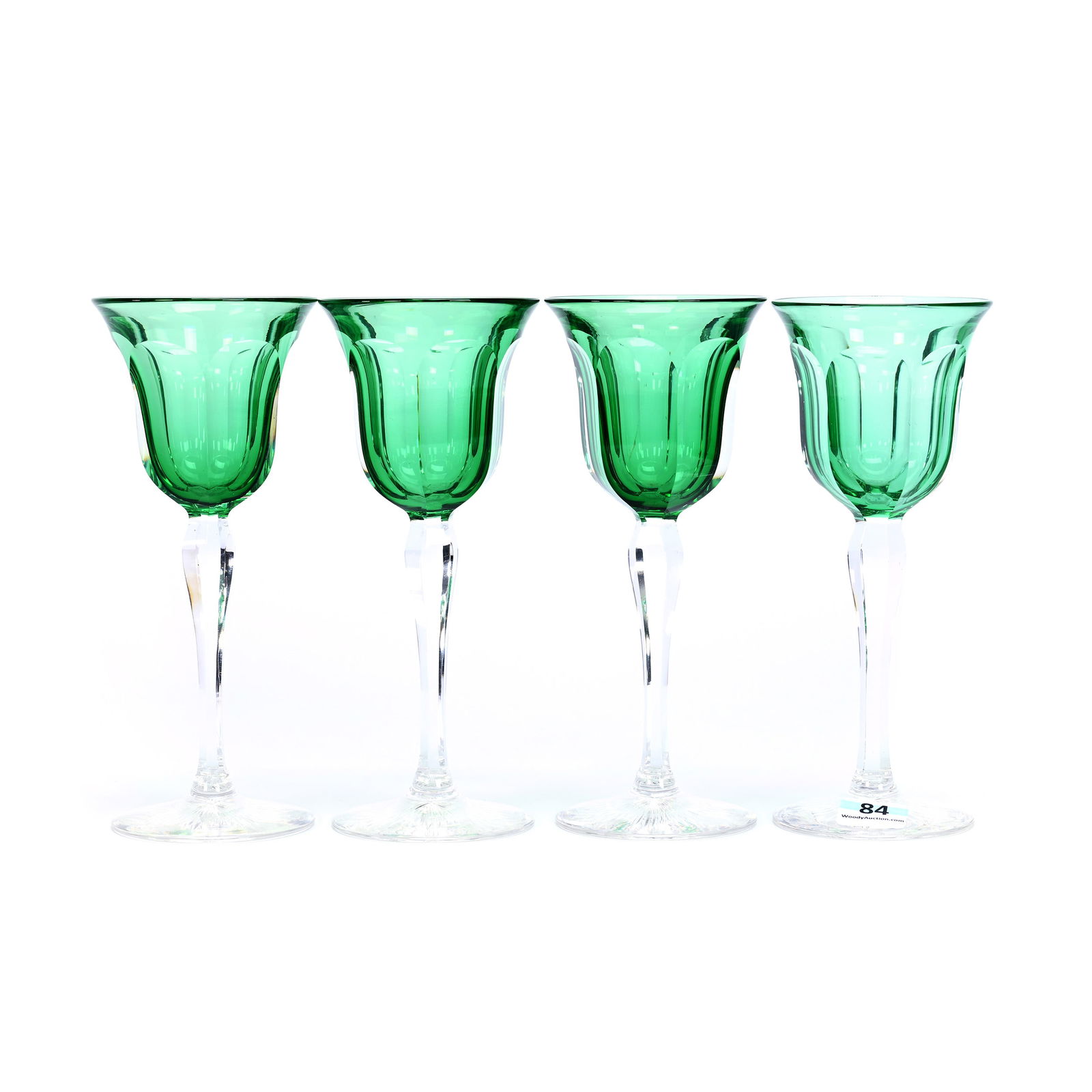 (4) Wine Stems, ABCG, Signed Sinclair Cut Green/Clear: (4) Wine Stems, American Brilliant Cut Glass, Signed Sinclair Cut Green/Clear, 6.75" x 2.75", Cased Green Bowls With Clear Stem And Ray Cut Foot, Flute Pattern, Estate Of Jean & Ralph Borelli.