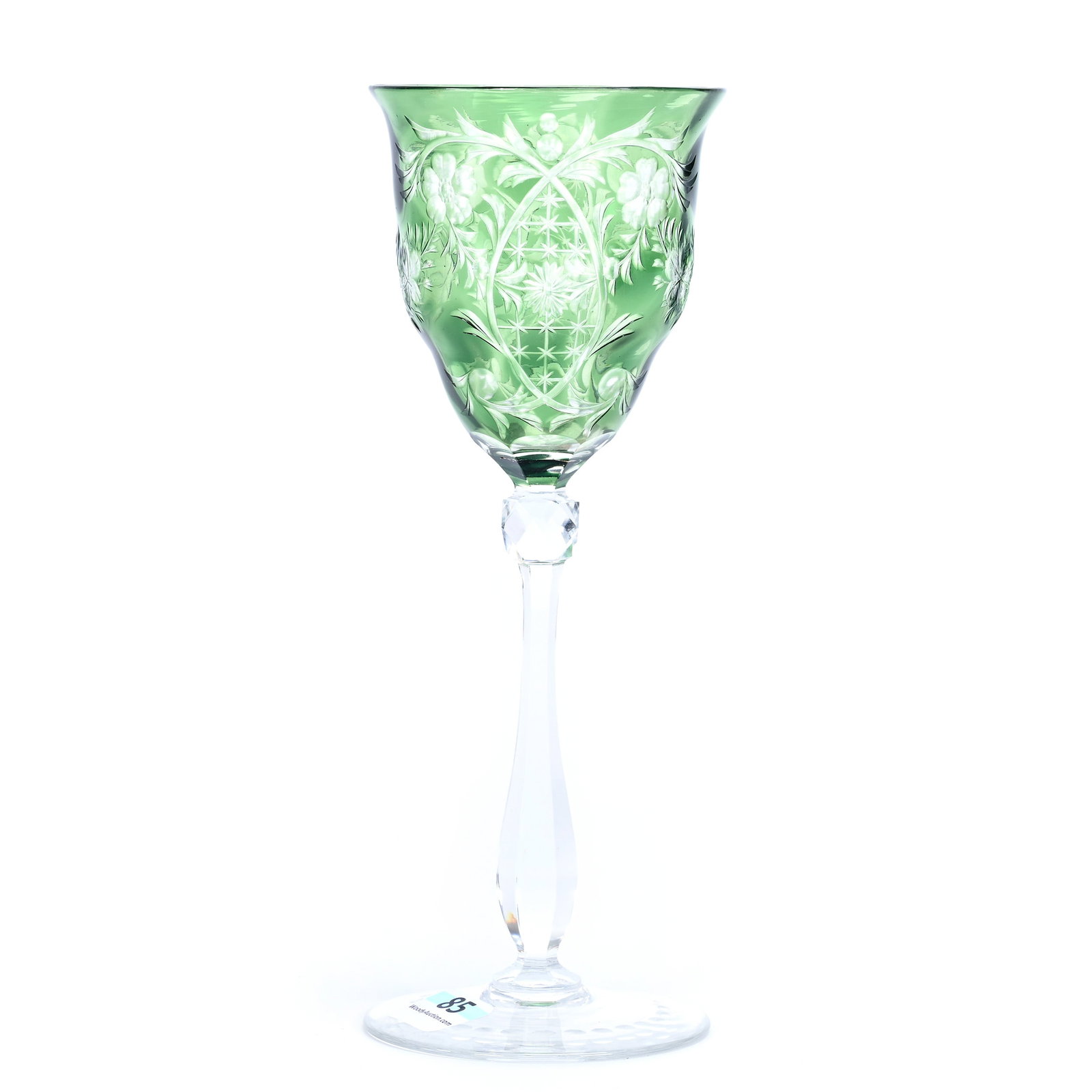 Wine Stem, BPCG, Signed Webb Green Cut To Clear: Wine Stem, Brilliant Period Cut Glass, Signed Webb Green Cut To Clear, 8" x 3", Engraved Floral And Scroll Design, Estate Of Jean & Ralph Borelli.