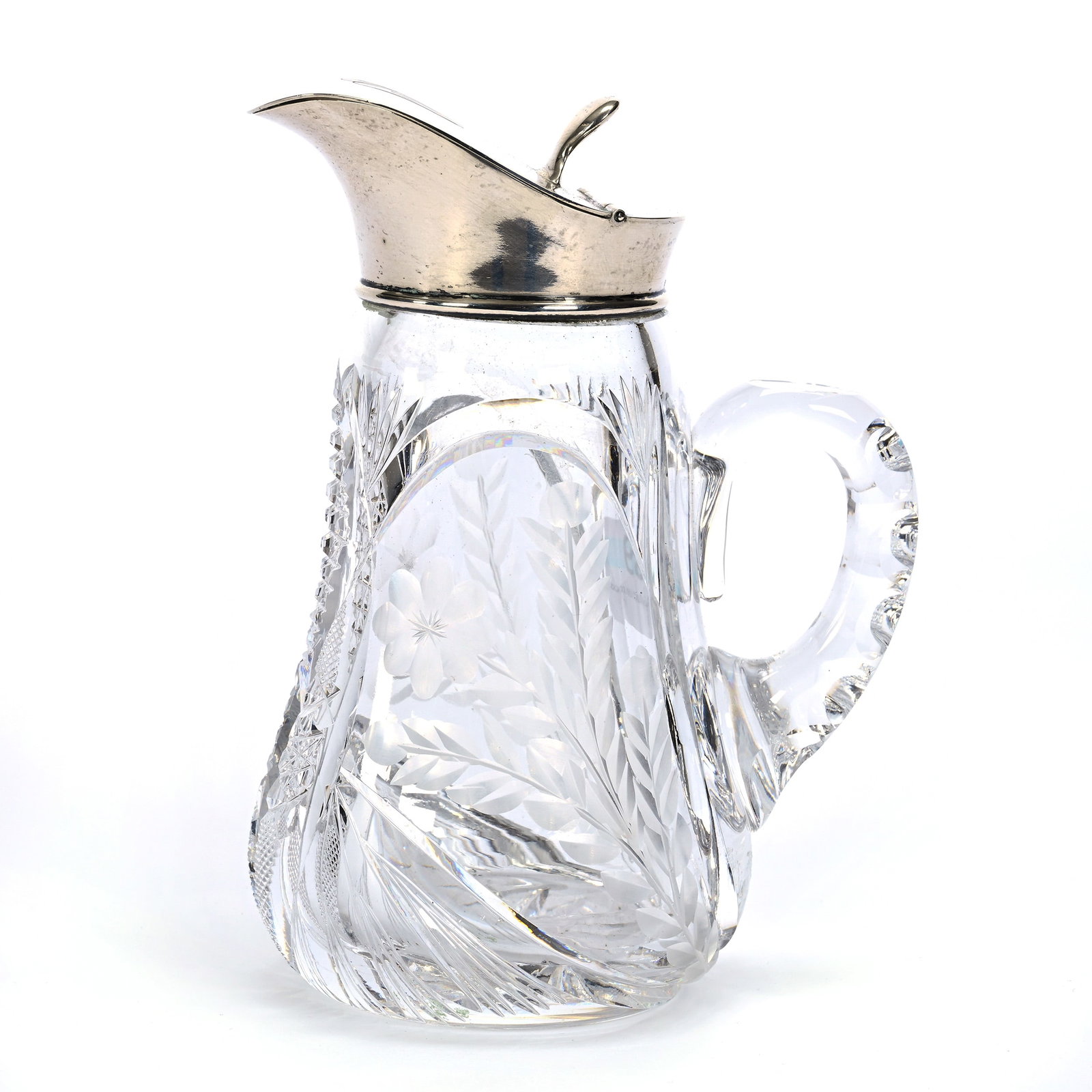 Syrup Pitcher, American Brilliant Cut Glass: Syrup Pitcher, American Brilliant Cut Glass, 5.5" x 4.25", Engraved Floral With Vesica, Nailhead Diamond, Strawberry Diamond And Fan Highlights, Sterling Silver Spout Marked Wilcox, Ray Cut Base, Esta