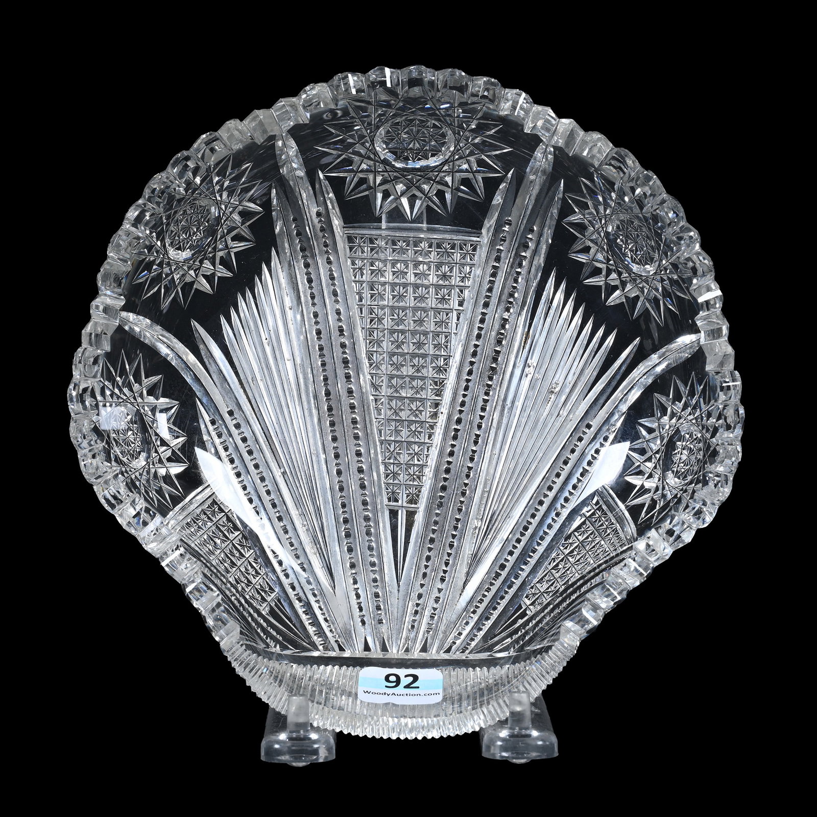 Dish, Shell Shape, American Brilliant Cut Glass: Dish, Shell Shape, American Brilliant Cut Glass, 1.75" x 7" x 7", Hobstar, Prism, Fan And Star Block Motif, Some Pattern Roughness, Estate Of Jean & Ralph Borelli.