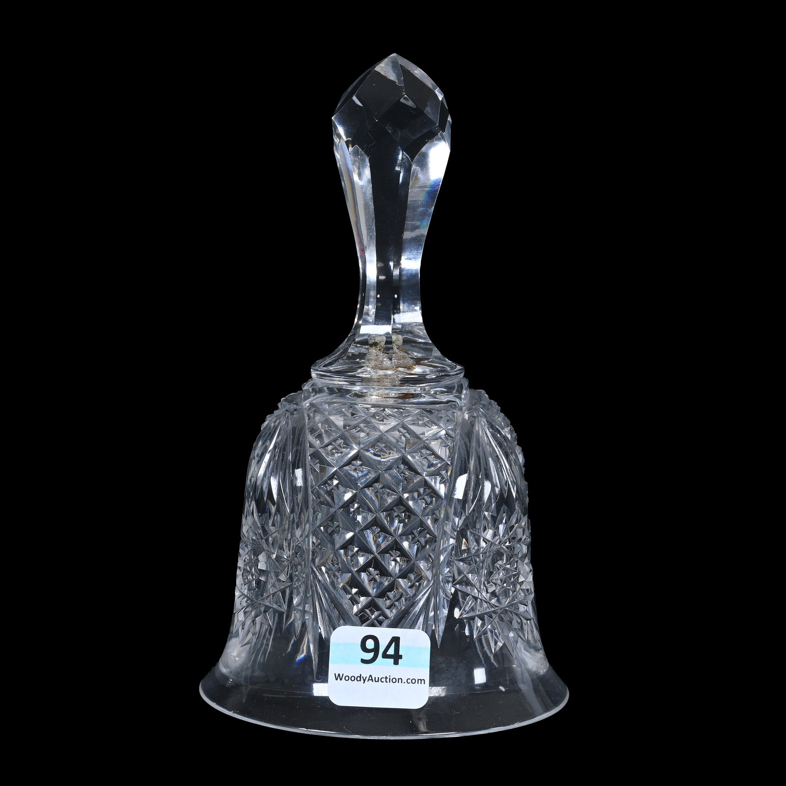 Dinner Bell, American Brilliant Cut Glass: Dinner Bell, American Brilliant Cut Glass, 6" x 3.5", Crosscut Diamond, Hobstar And Fan Motif, Discolored Adhesive At Clapper Connection Point, Estate Of Jean & Ralph Borelli.