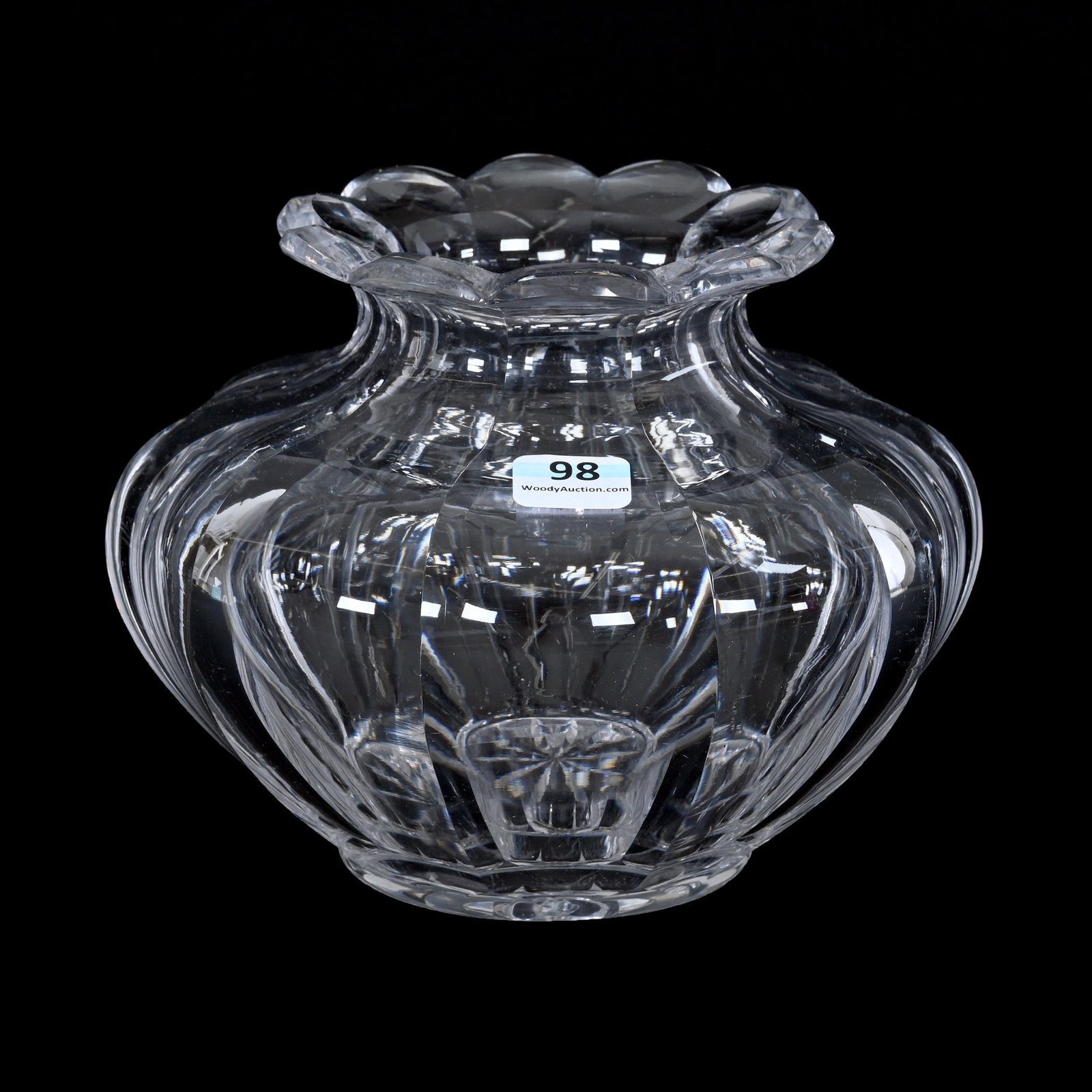 Vase, American Brilliant Cut Glass, Signed Hawkes: Vase, American Brilliant Cut Glass, Signed Hawkes, 5.25" x 6.5", Flute Pattern, Ray Cut Base, Estate Of Jean & Ralph Borelli.